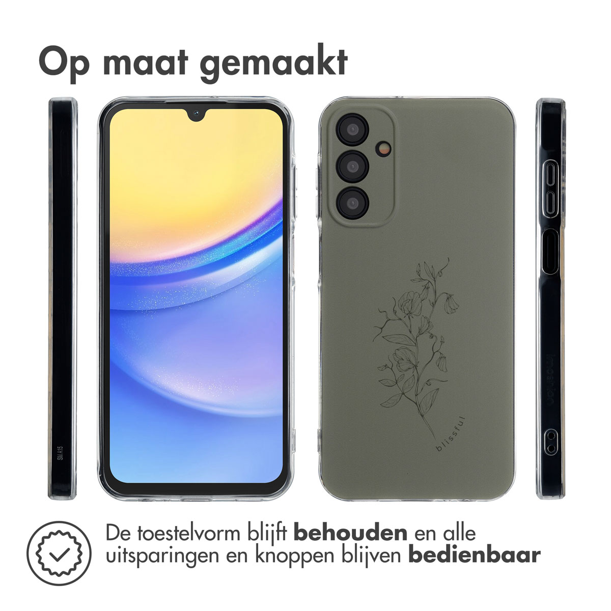 Telefoonhoes, olijfgroen, bloemenontwerp. Drie aanzichten. Transparante randen.
