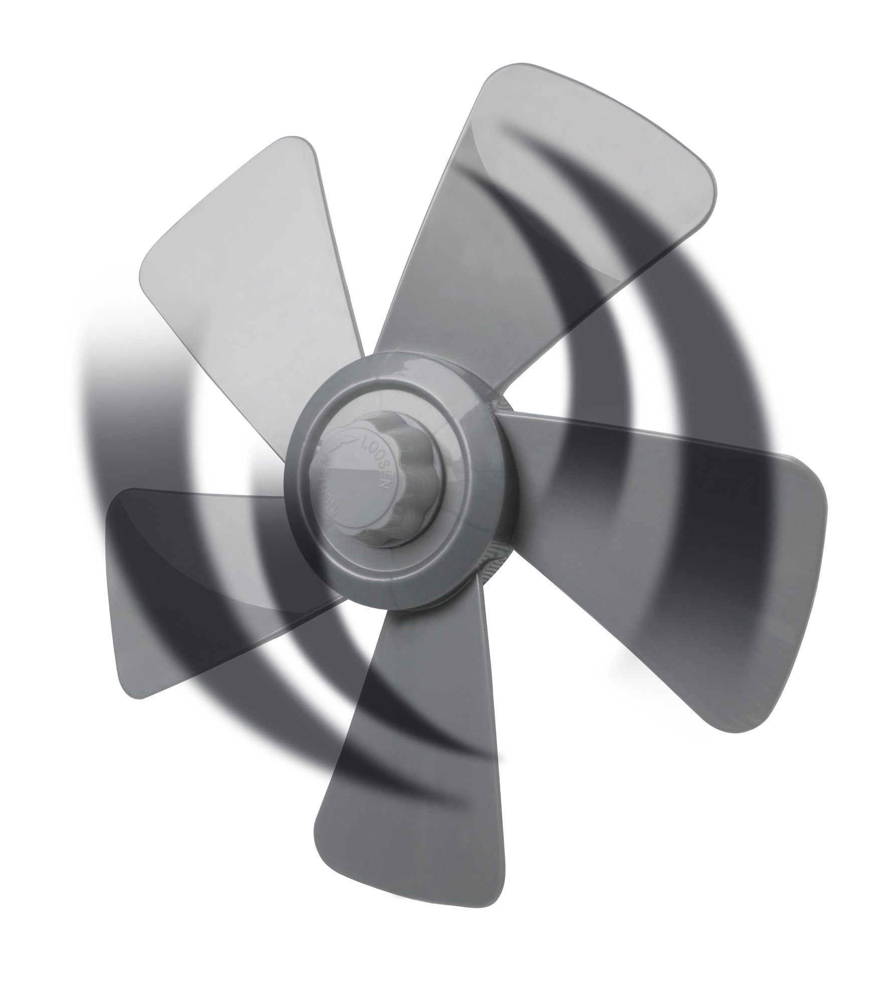 Szare łopatki wentylatora obracają się, tworząc efekt rozmycia ruchu. Wentylator ma pięć łopatek.