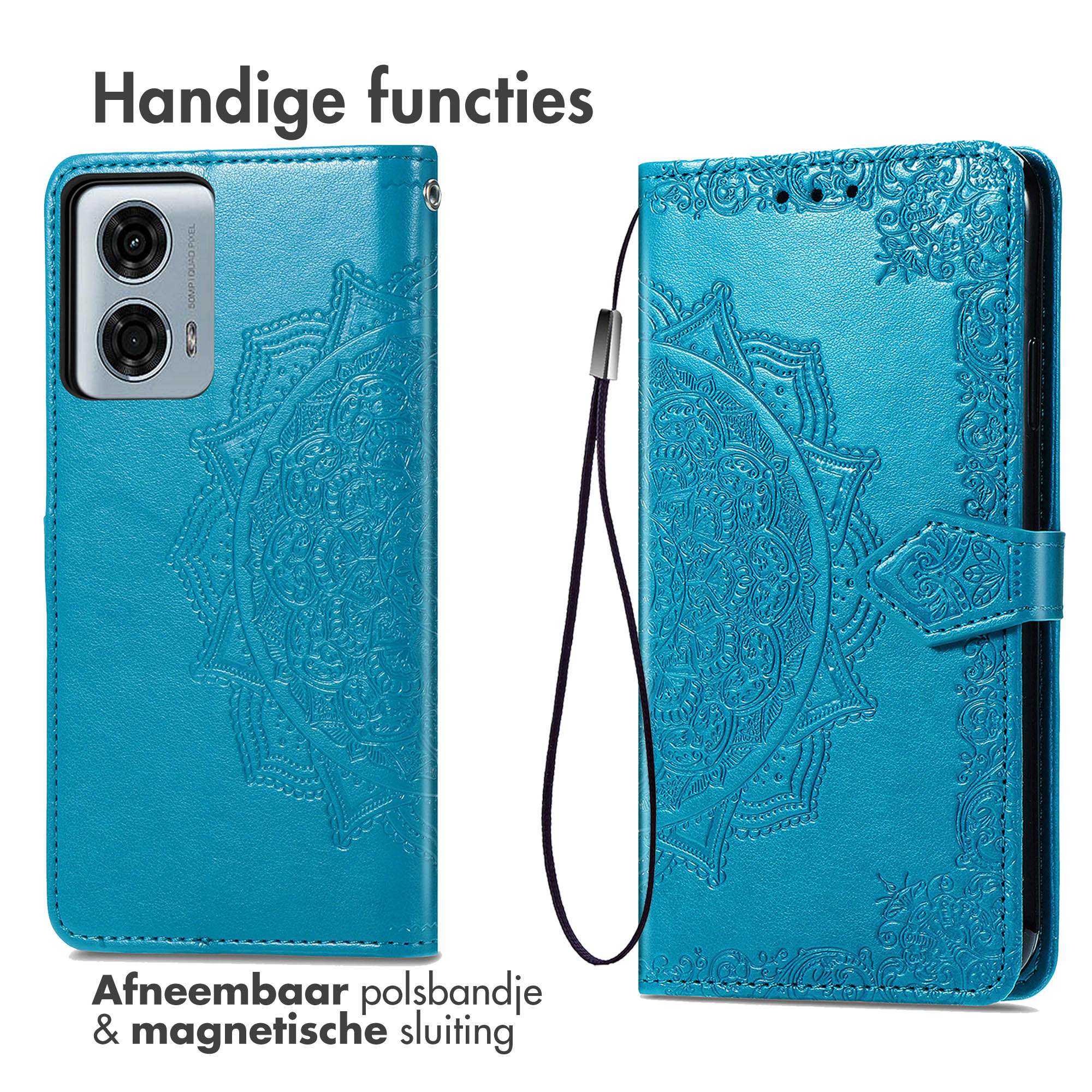 Een turquoise telefoonhoes, open om een telefoon te laten zien. Met een afneembare polsband en magnetische sluiting.