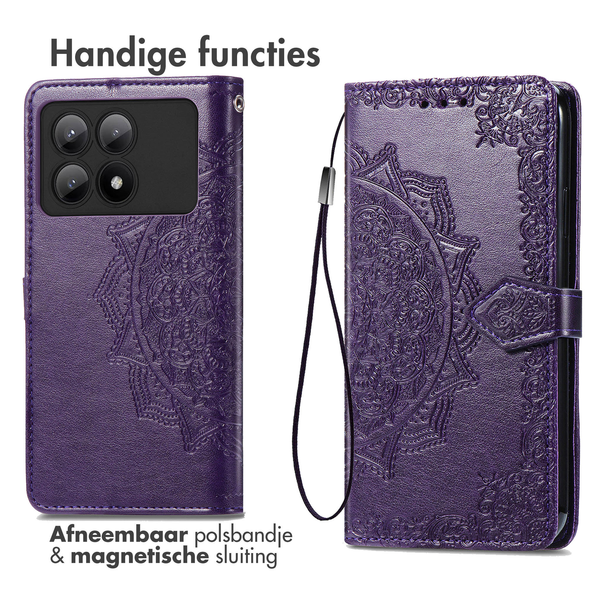 Paarse telefoonhoes met bloemenontwerp, magnetische sluiting en afneembare polsband.