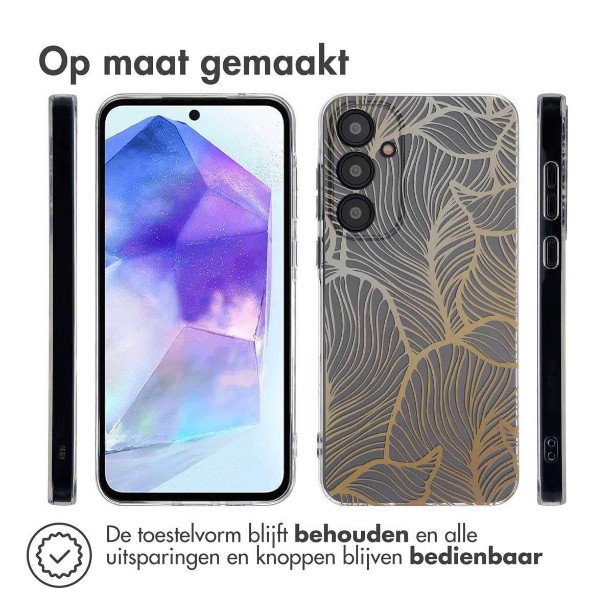 Een telefoon met een hoesje met goudbladpatroon. De hoes wordt vanuit verschillende hoeken getoond.