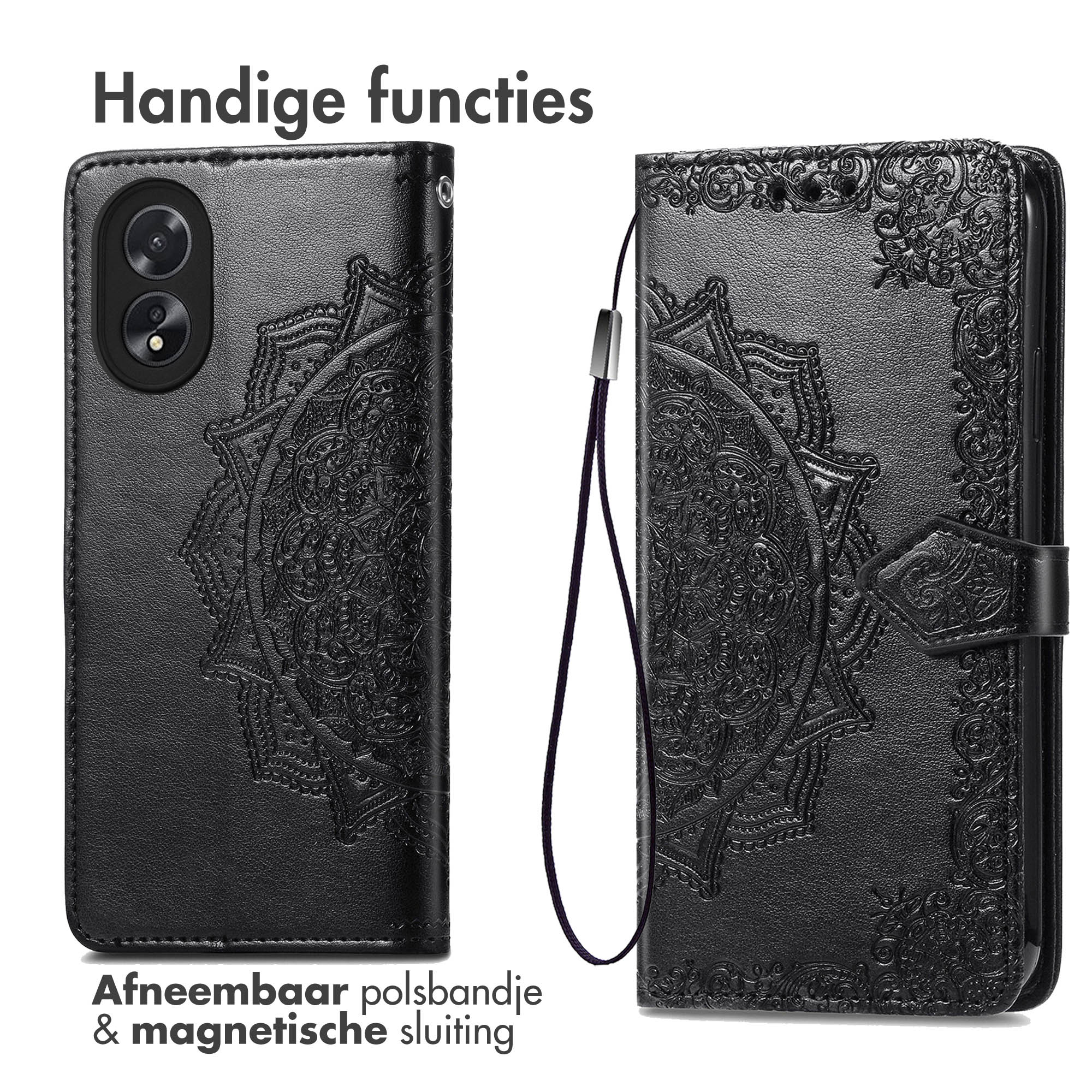 Twee aanzichten van een zwarte telefoonhoes met een mandala-ontwerp.
