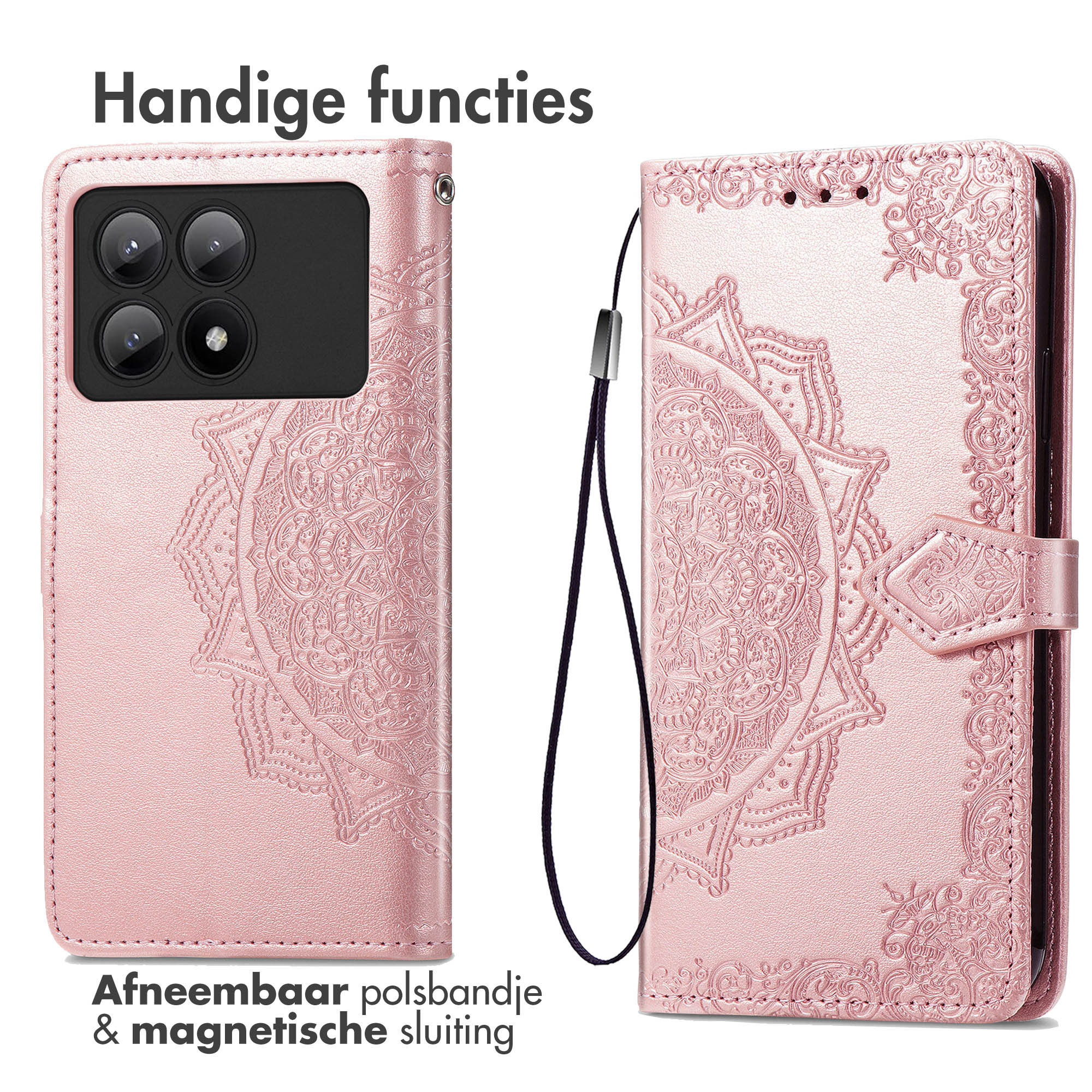 Roze telefoonhoesje met een mandala-ontwerp. Het heeft een magnetische sluiting en een polsband. Tekst: Handige functies.