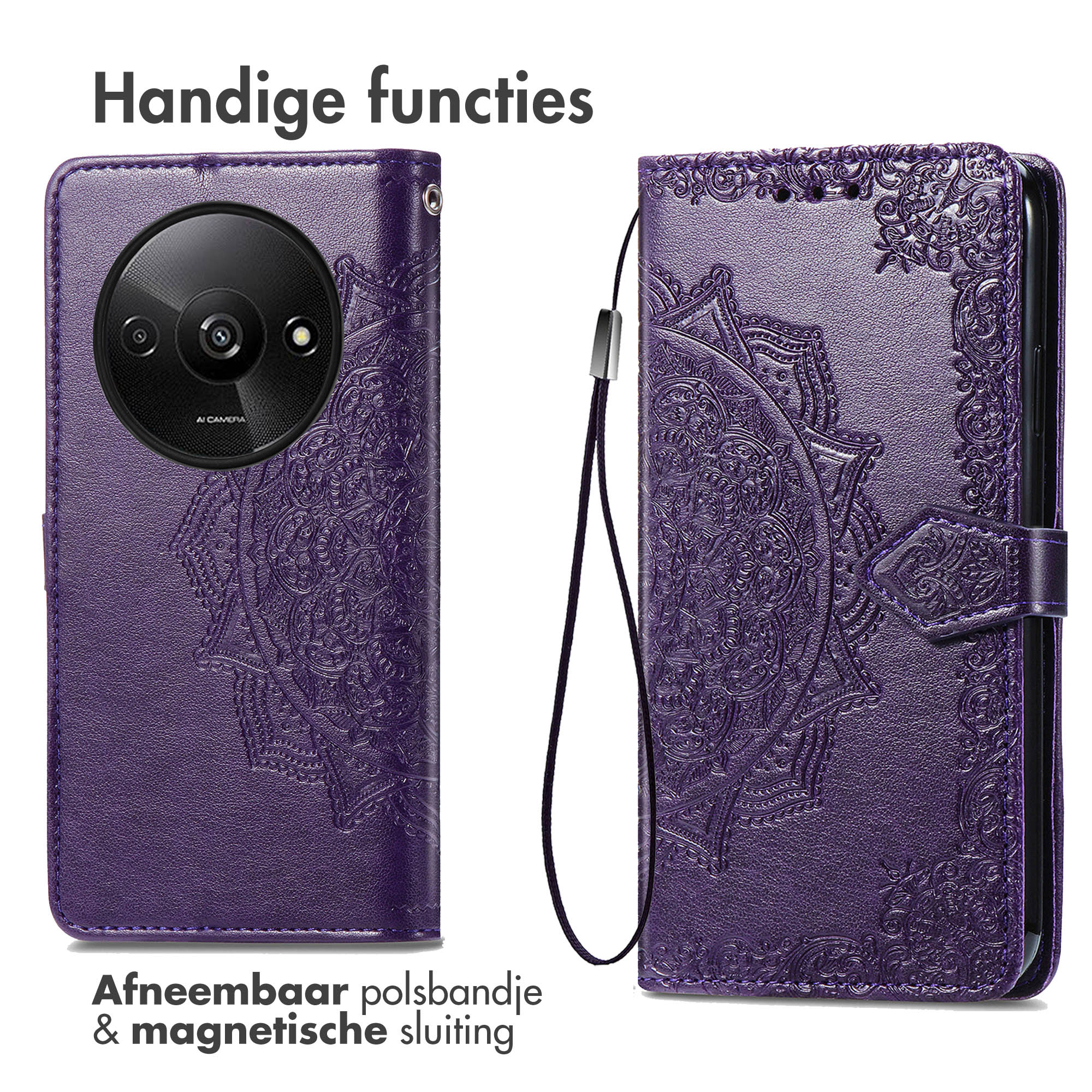 Custodia viola con un design mandala. La custodia è aperta, mostrando un telefono. Testo: cinturino da polso rimovibile e chiusura magnetica.
