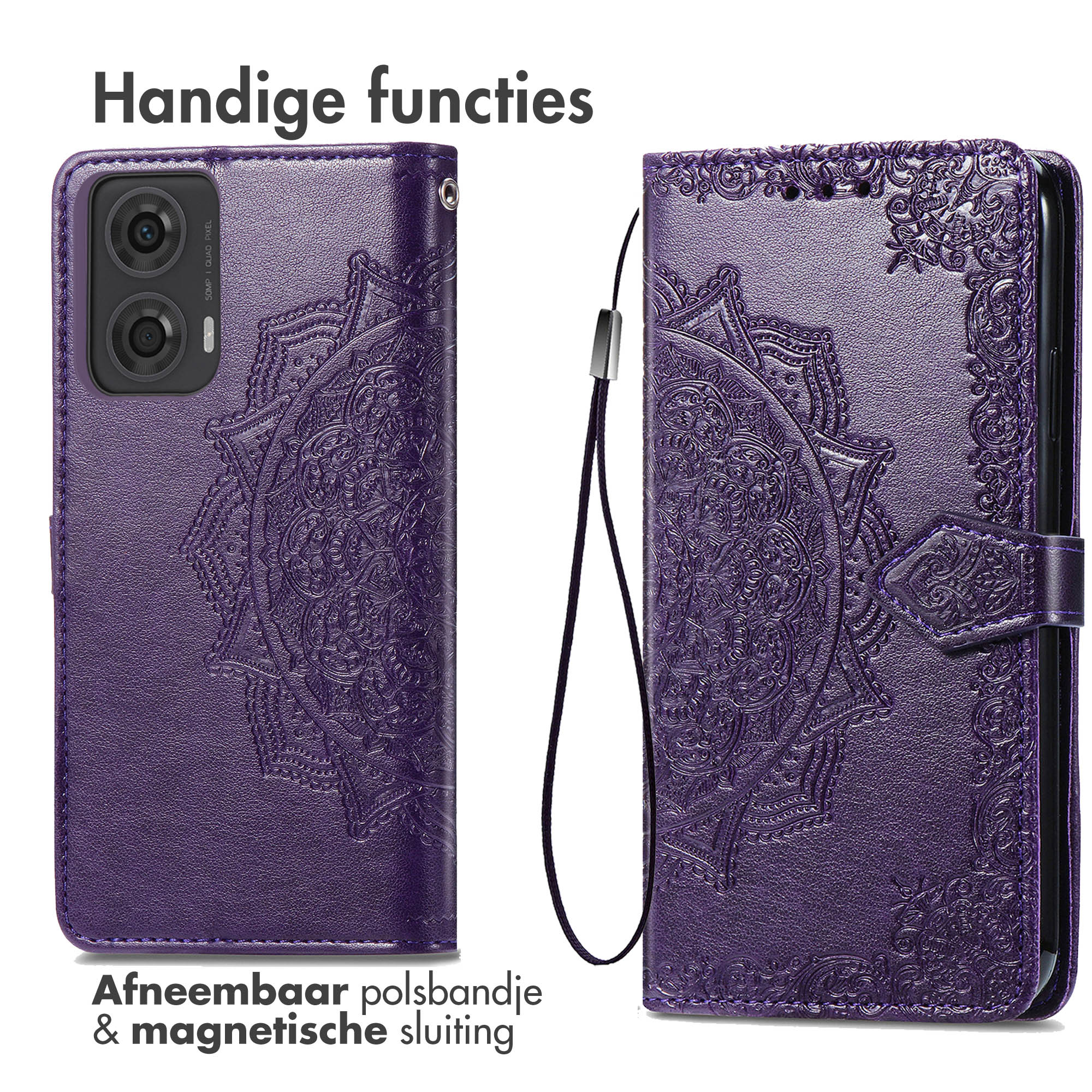 Een paars telefoonhoesje met een mandala-ontwerp en een bandje.