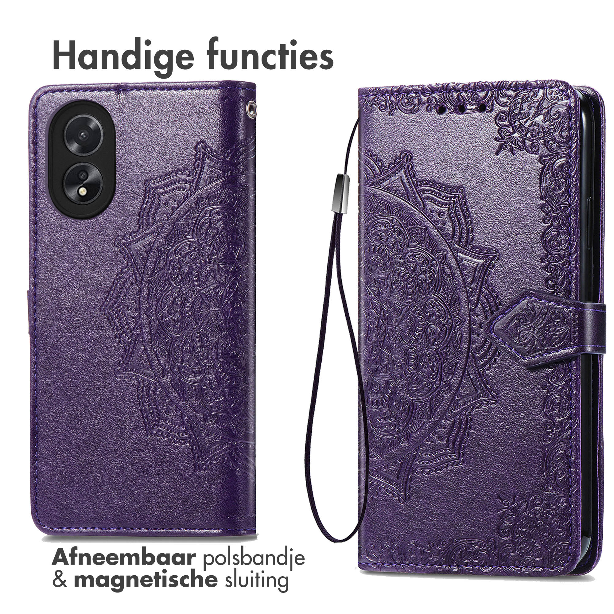 Coque de téléphone violette avec un motif mandala. Avec une sangle et une fermeture magnétique. Texte : 'Fonctions pratiques'.