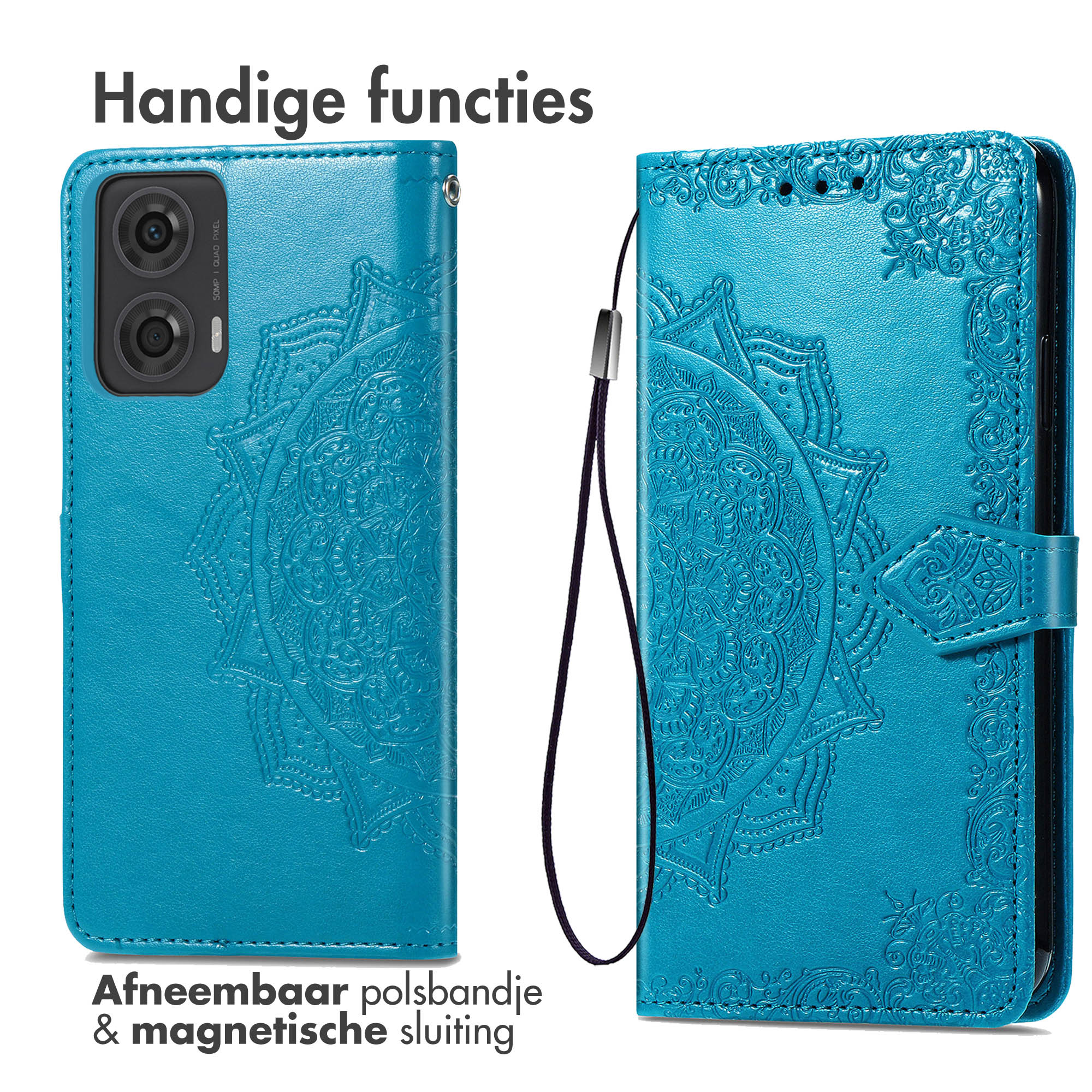 Blauwe telefoonhoes met mandala-ontwerp, afneembare polsband en magnetische sluiting.