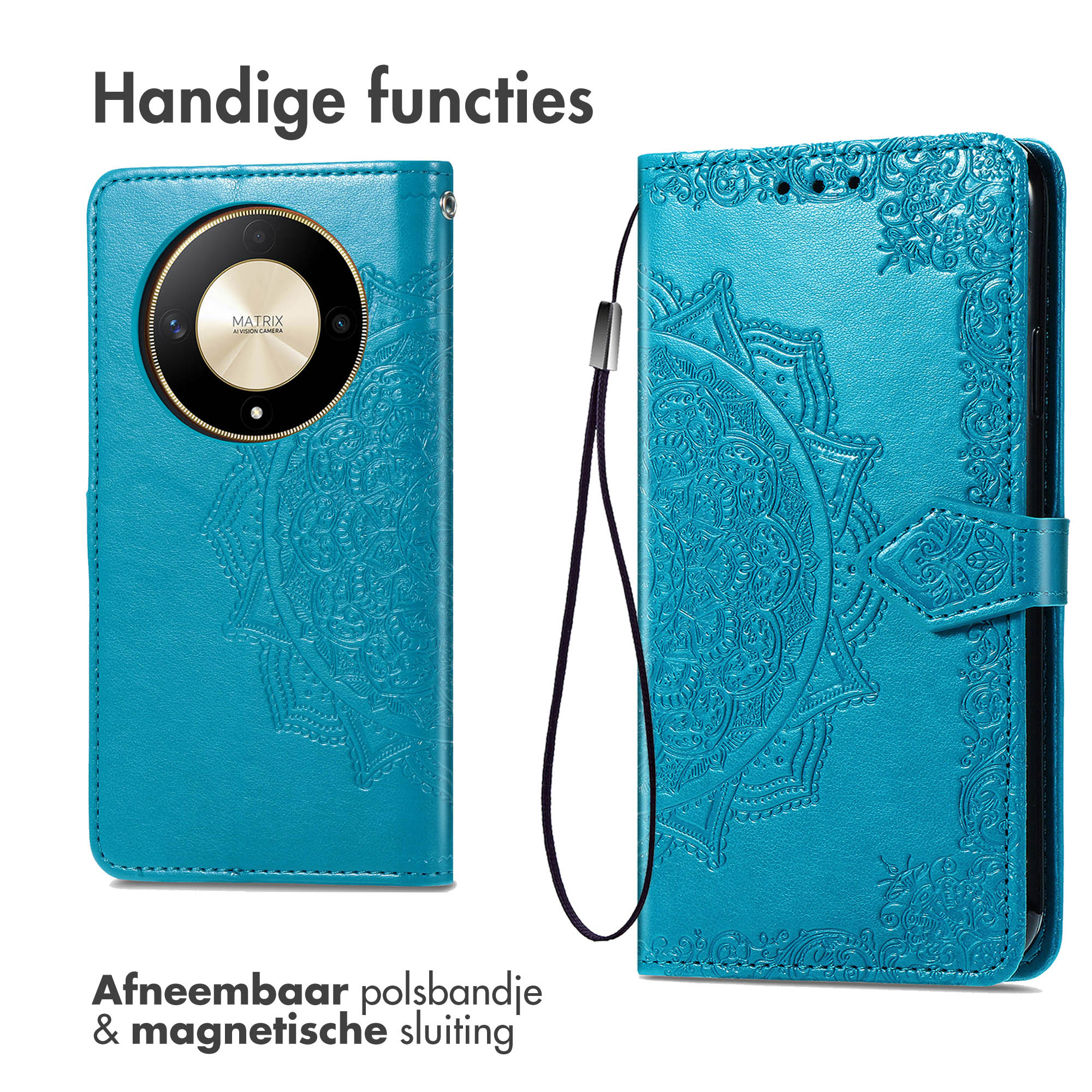 Coque de téléphone sarcelle avec un motif mandala. La coque est ouverte, montrant un téléphone. Texte : dragonne amovible et fermeture magnétique.