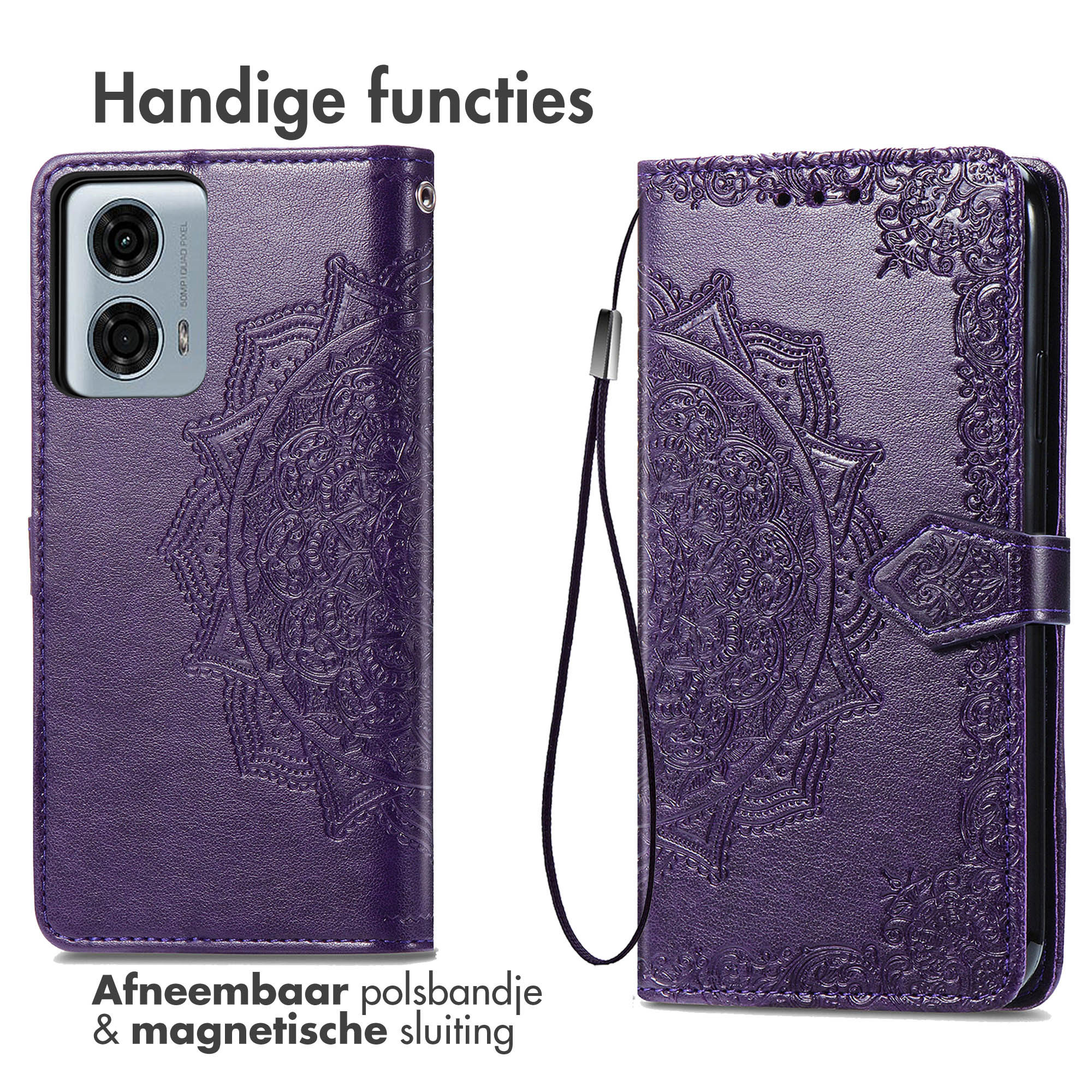 Étui de téléphone violet avec motif mandala. Ouvert pour montrer le téléphone. Lanière.