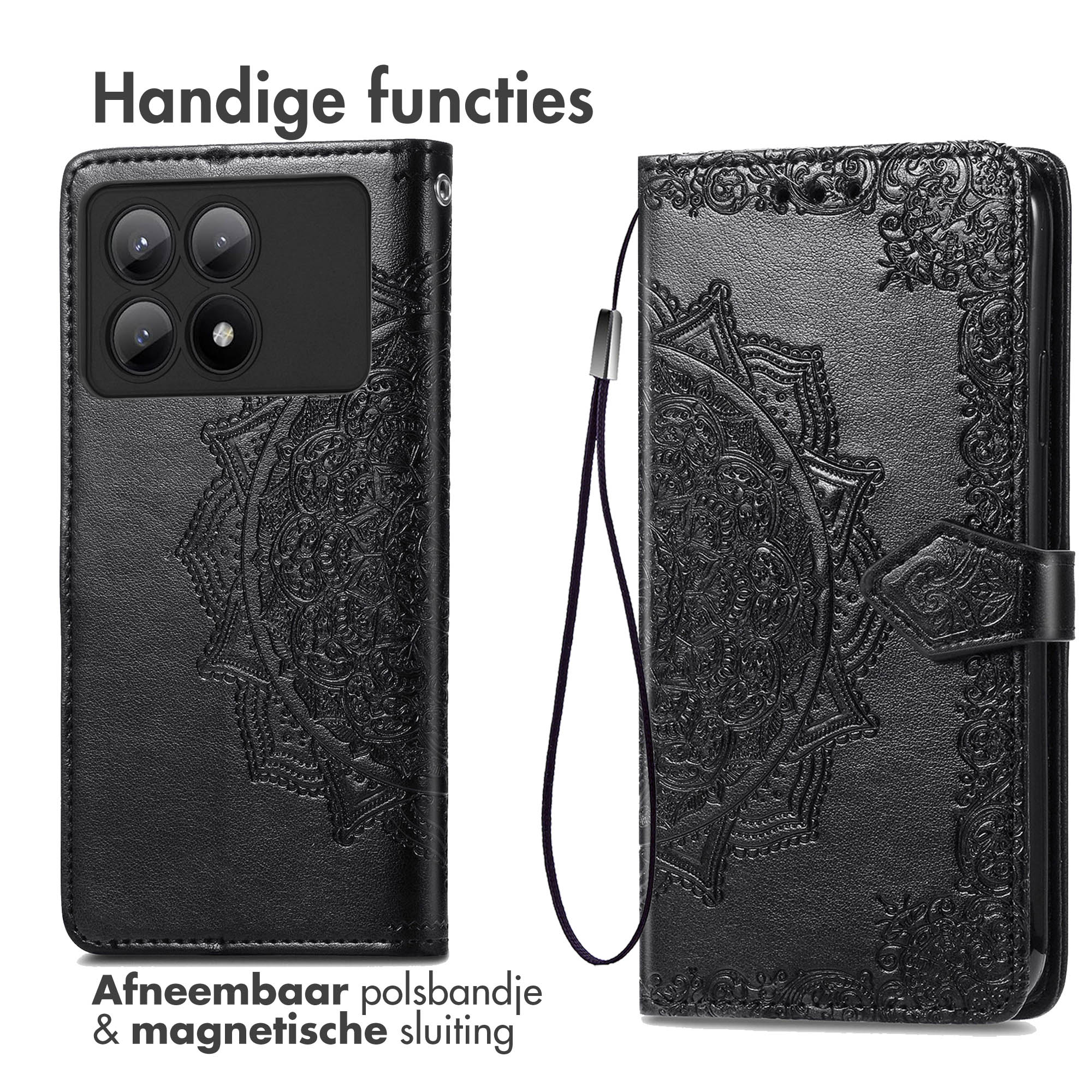 Zwarte telefoonhoes met een mandala-ontwerp, een riem en een magnetische sluiting.