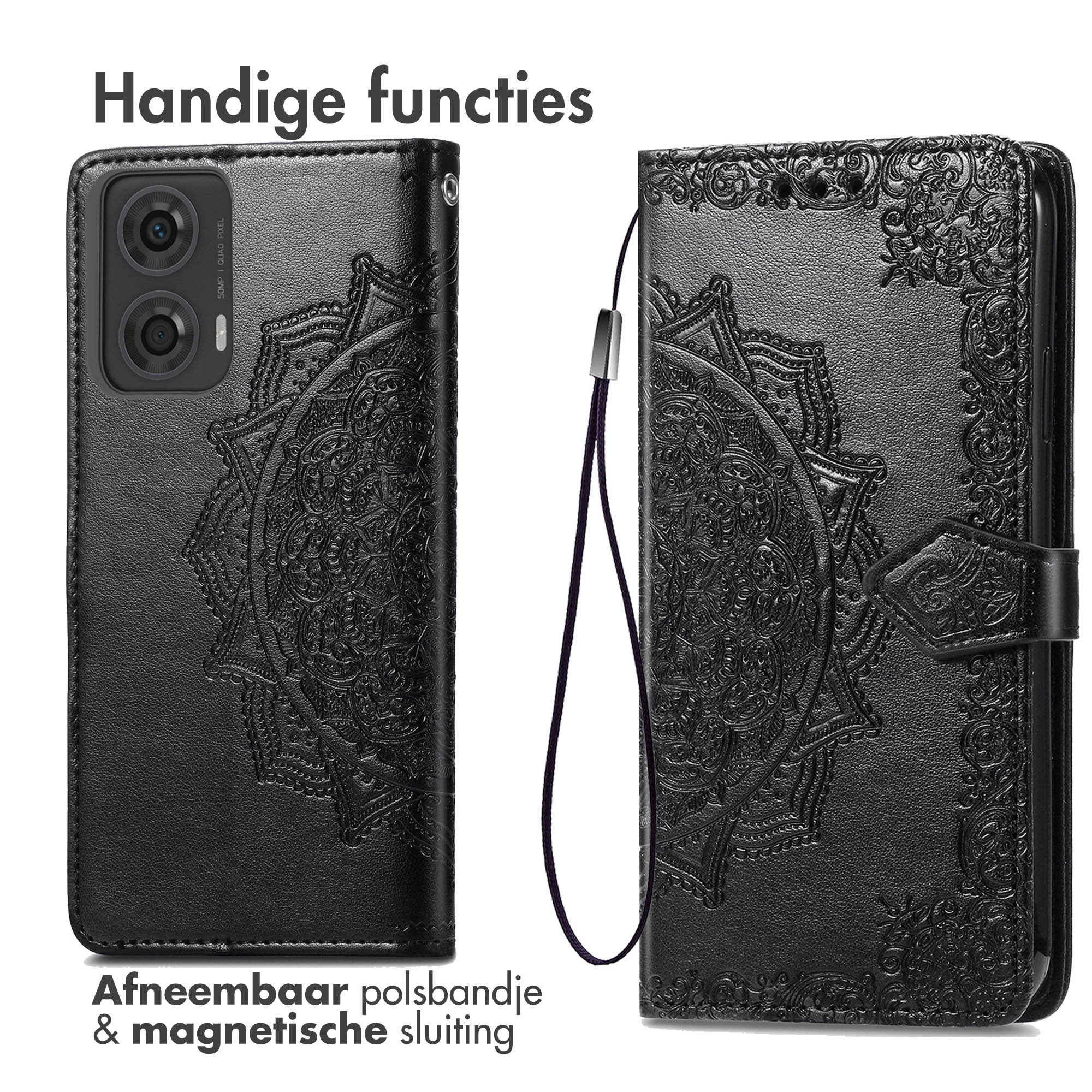 Een zwarte telefoonhoes met een mandala-ontwerp, die de telefoon en de geopende hoes met een polsband laat zien.