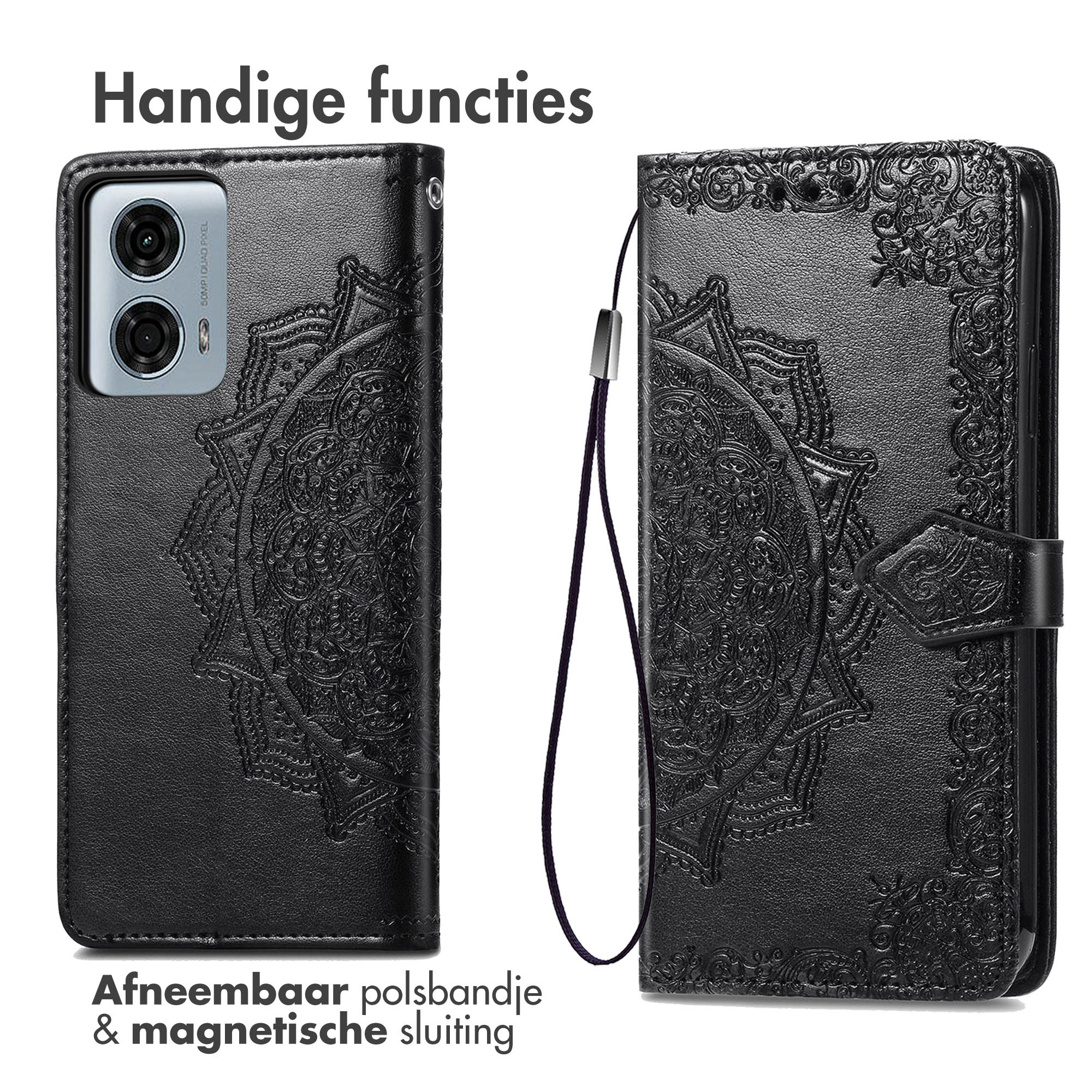 Zwarte telefoonhoes met mandala-ontwerp, afneembare polsband en magnetische sluiting.
