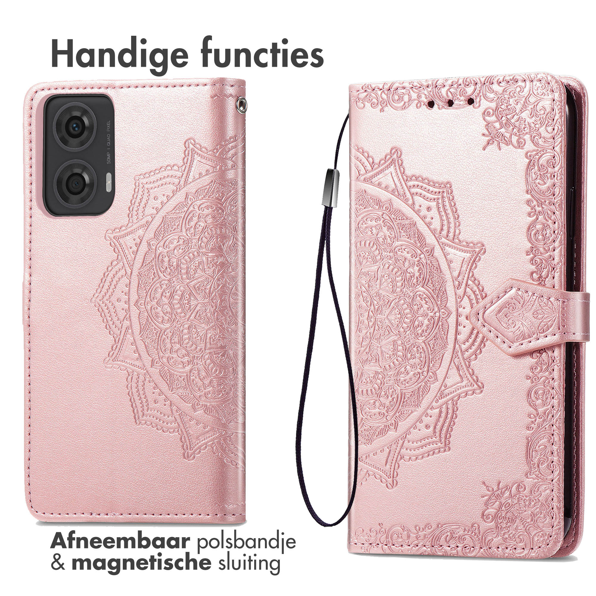 Twee aanzichten van een roze telefoonhoes met een mandala-ontwerp.