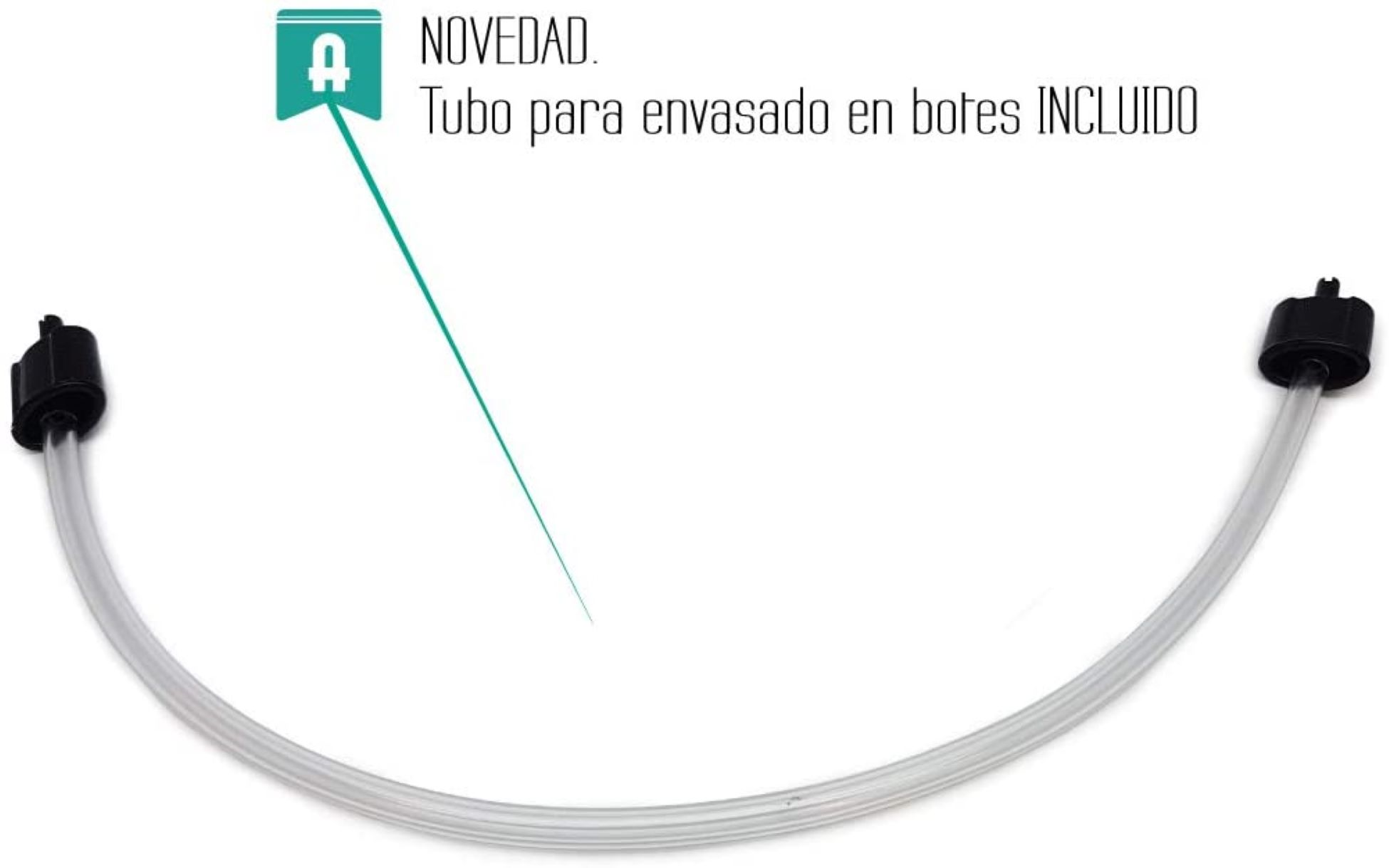 Tubo transparente con tapas negras. Texto: 'Tubo para envasado en botes INCLUIDO' con etiqueta verde.