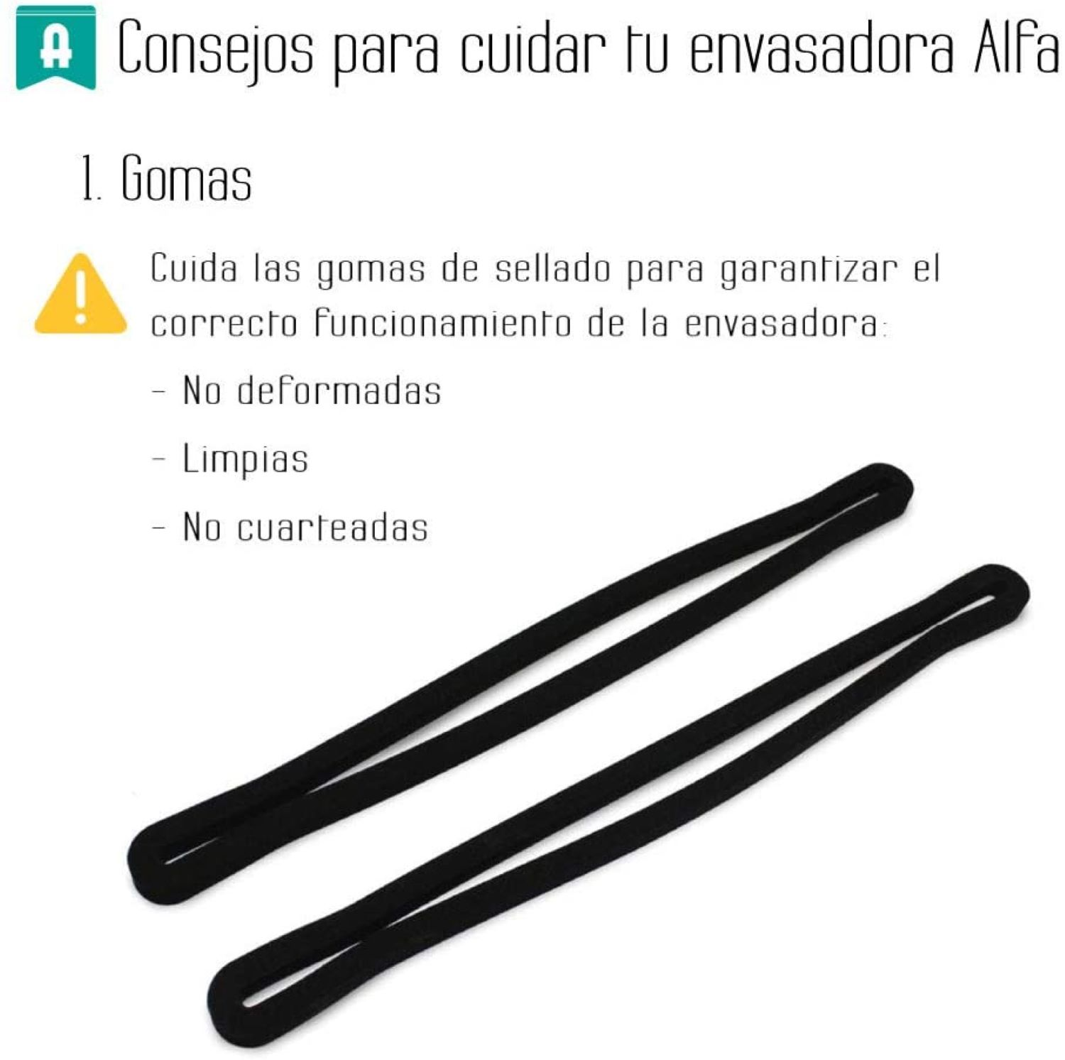 Dos gomas de sellado negras para una envasadora al vacío, con texto sobre su cuidado.