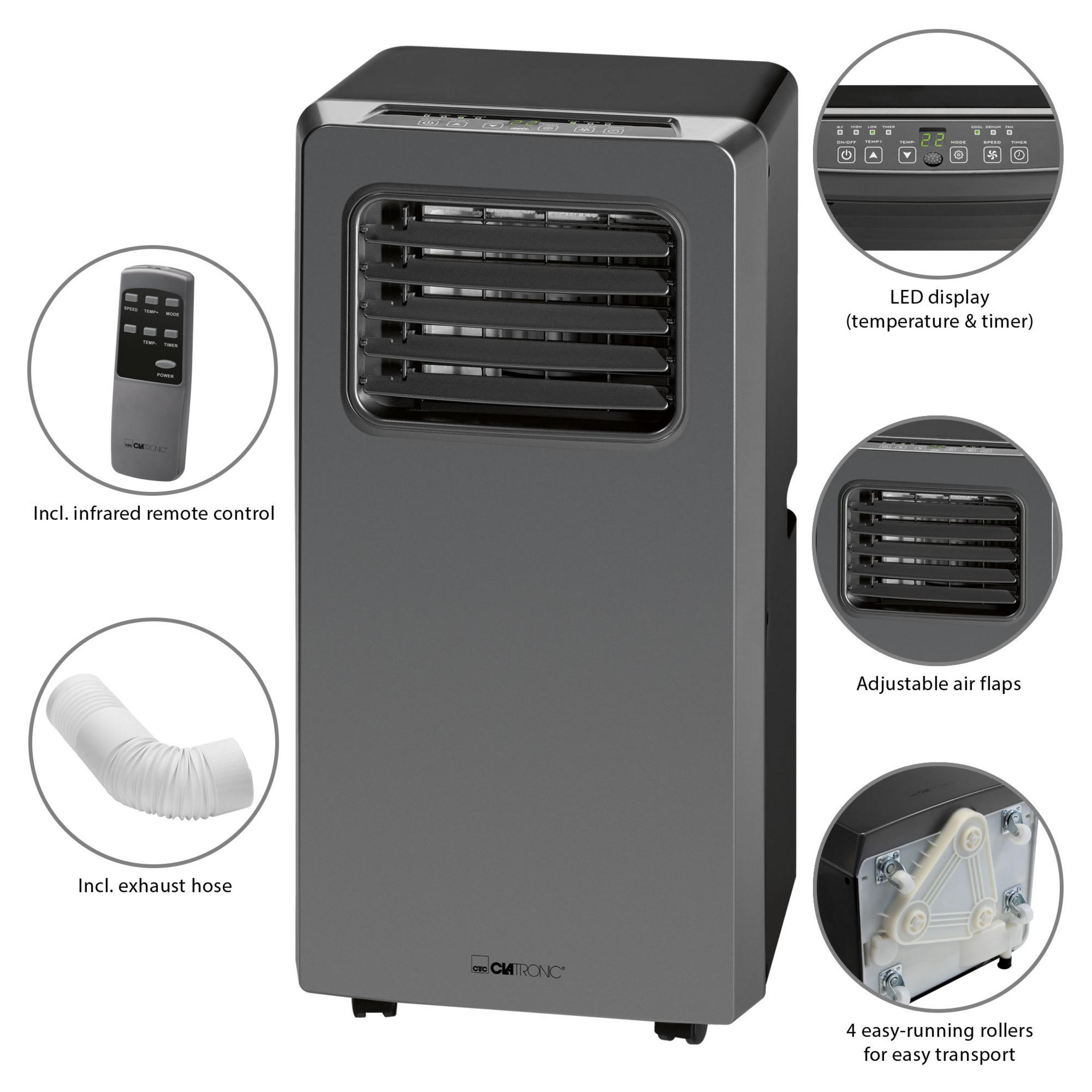 Szary przenośny klimatyzator z pilotem, wężem wylotowym i wyświetlaczem LED, z regulowanymi klapami powietrza.
