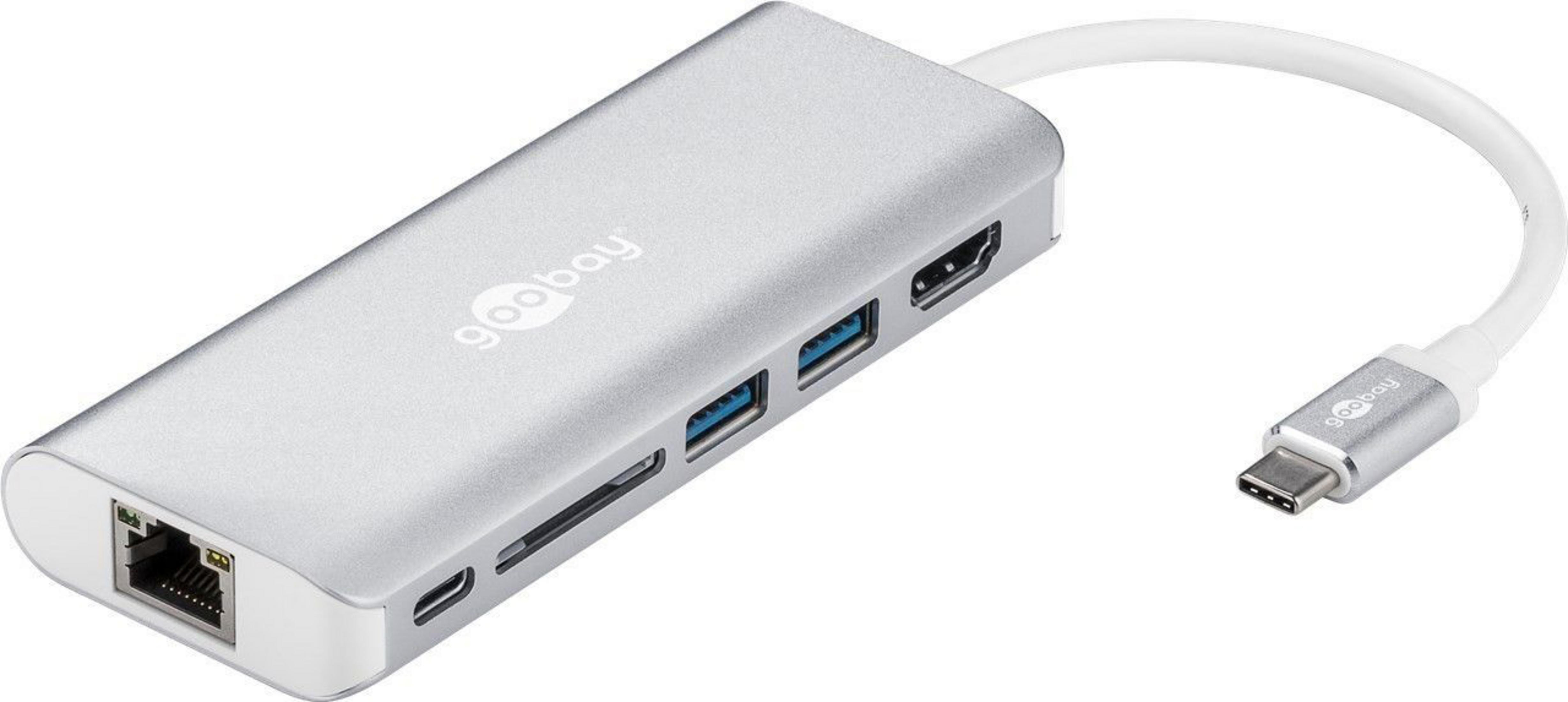 Un hub USB-C argentato con più porte. Include USB, HDMI, Ethernet e uno slot per schede SD.