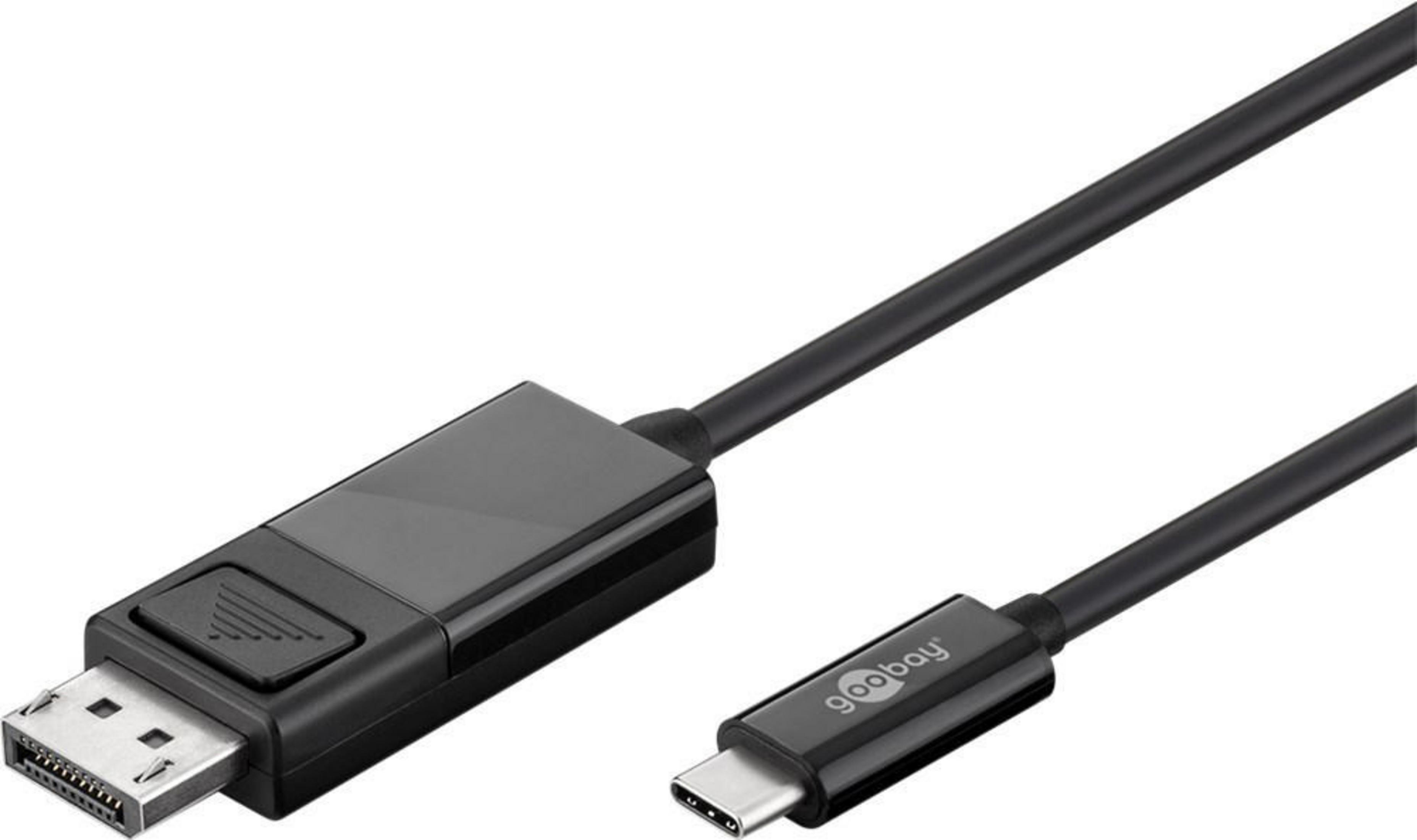 Schwarzes DisplayPort-zu-USB-C-Kabel. Ein DisplayPort-Anschluss und ein USB-C-Anschluss. Weißer Hintergrund.