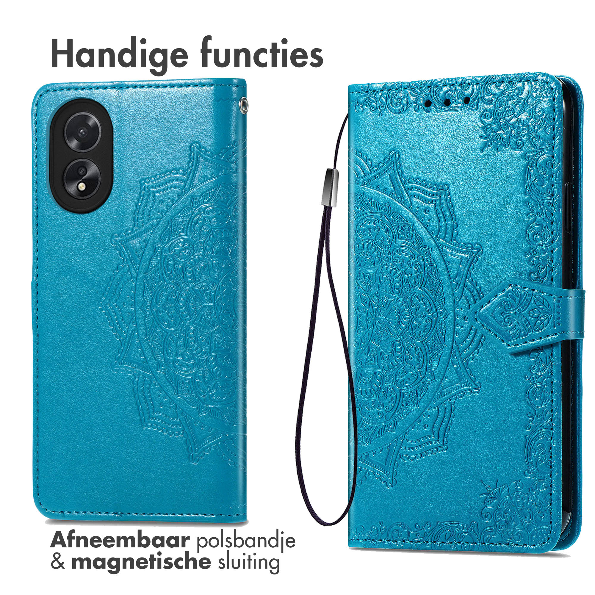 Étui de téléphone bleu avec motif mandala, ouvert. Fond blanc.