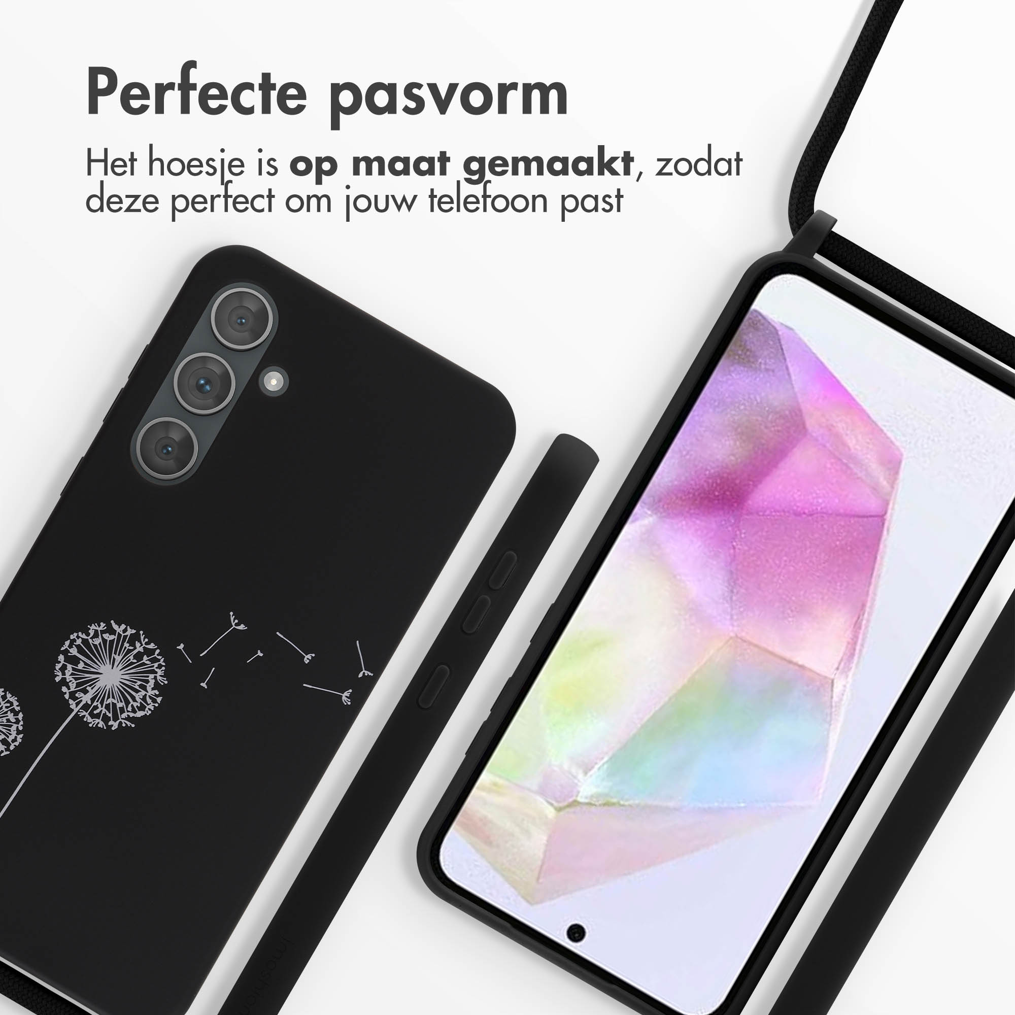 Zwarte telefoonhoes met paardenbloemontwerp. Telefoon rechts heeft een scherm met kleurrijke afbeelding. Zwarte riem.