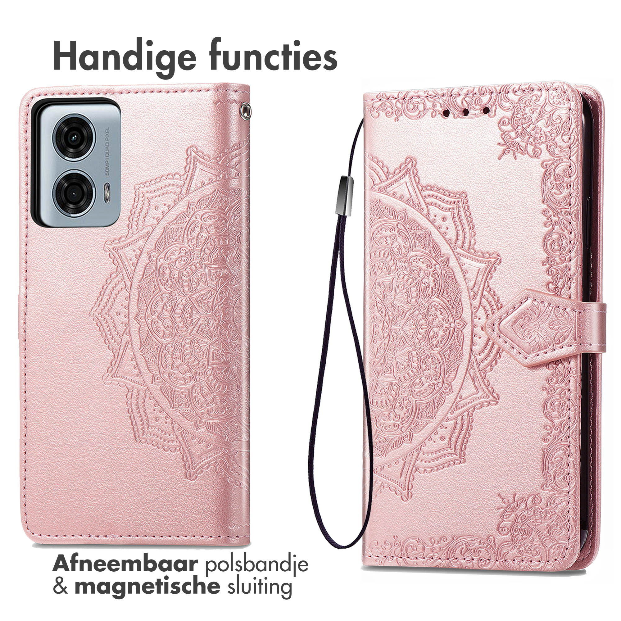Roze telefoonhoesje met mandala-ontwerp, afneembare band en magnetische sluiting. De hoes bedekt de telefoon.