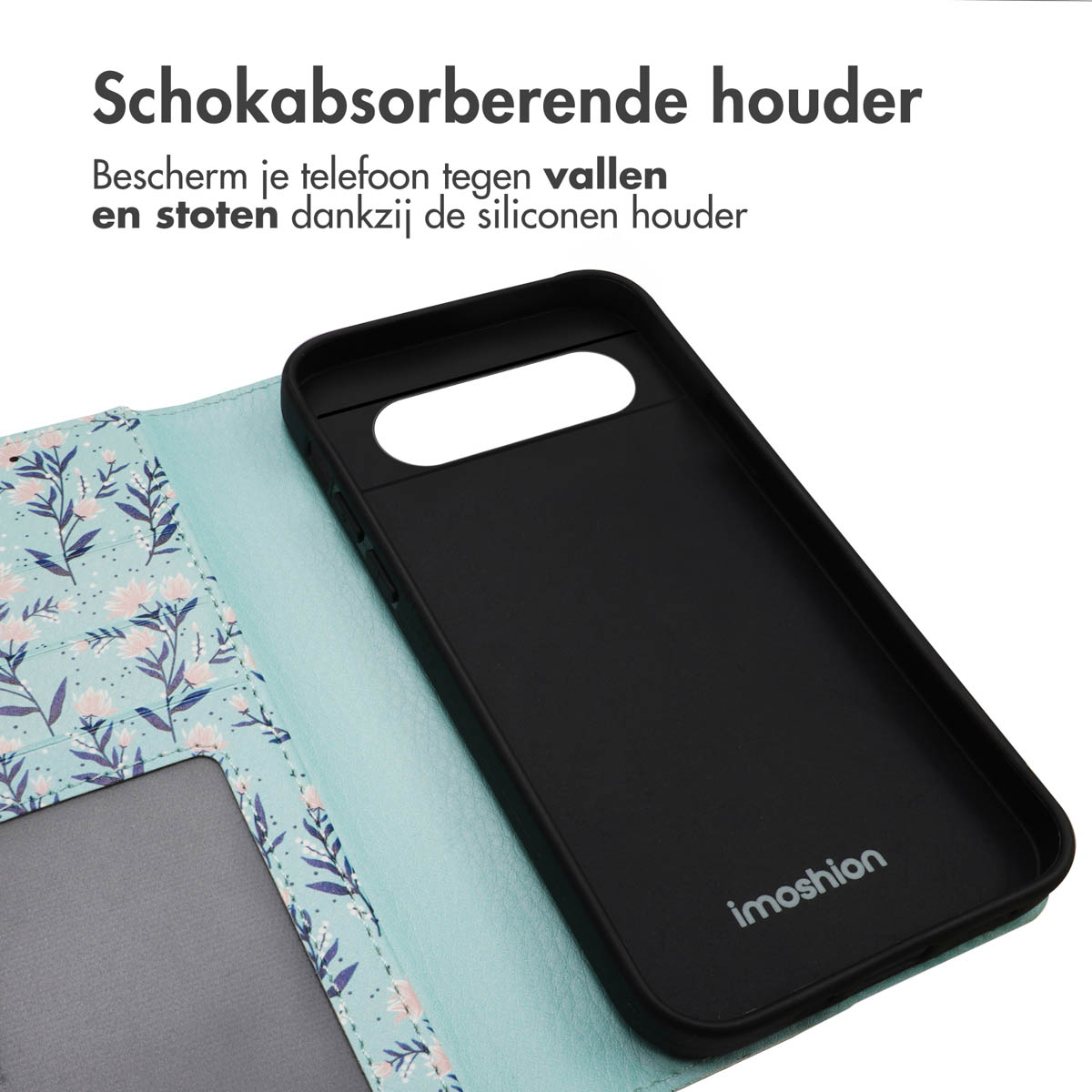 Una custodia per telefono aperta con un design floreale e l'interno è nero.