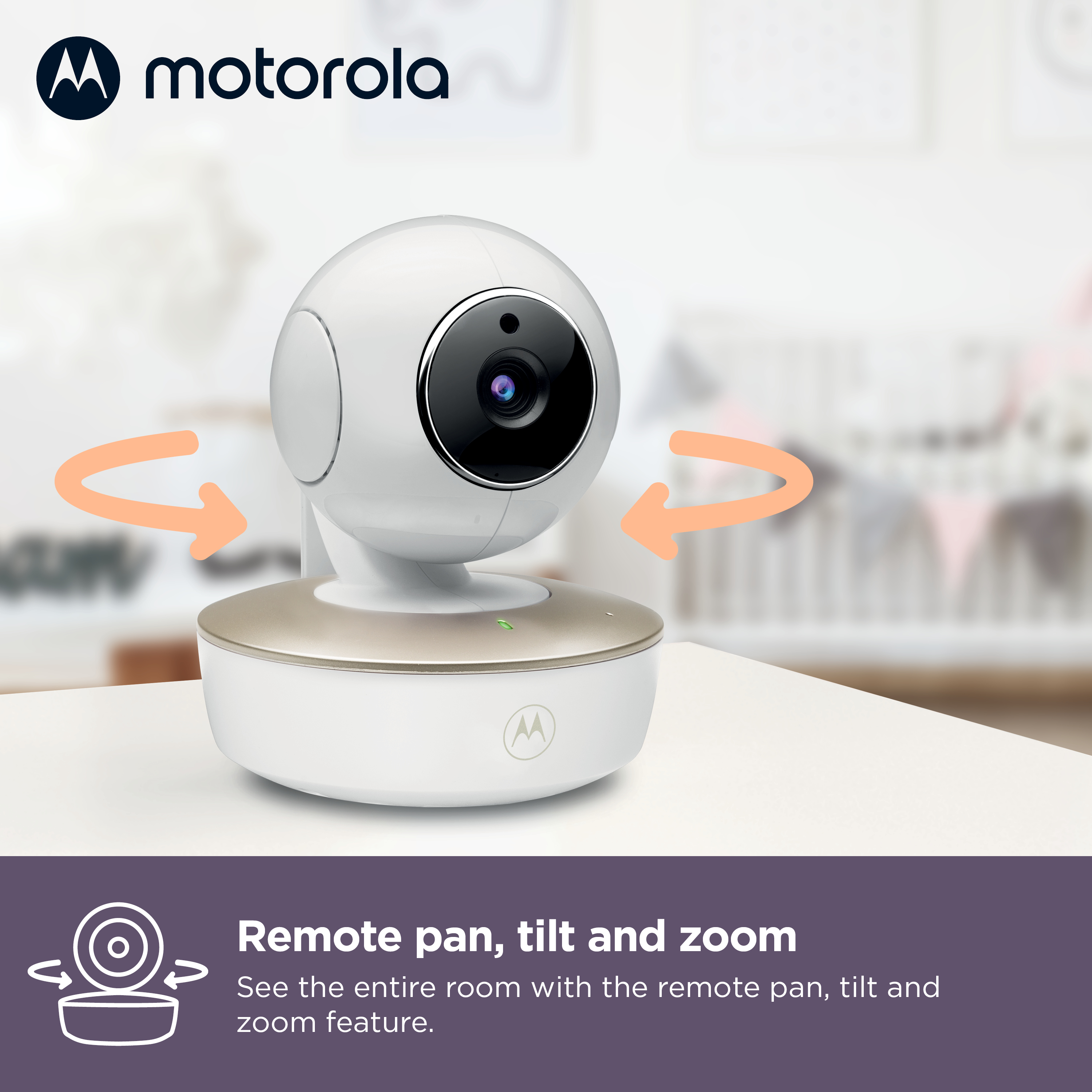 Motorola Babyphone auf einem Tisch. Pfeile zeigen Schwenk-, Neige- und Zoomfunktionen. Text beschreibt Funktionen.