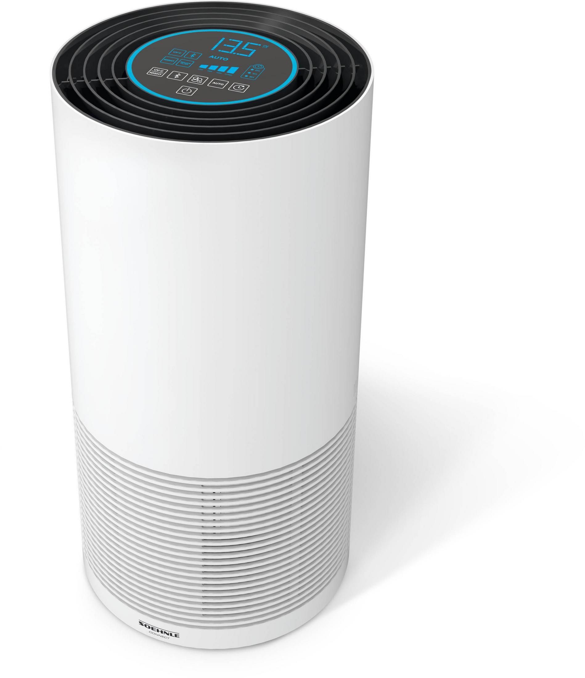 Weißer, zylindrischer Luftreiniger mit Digitalanzeige und Luftauslässen.