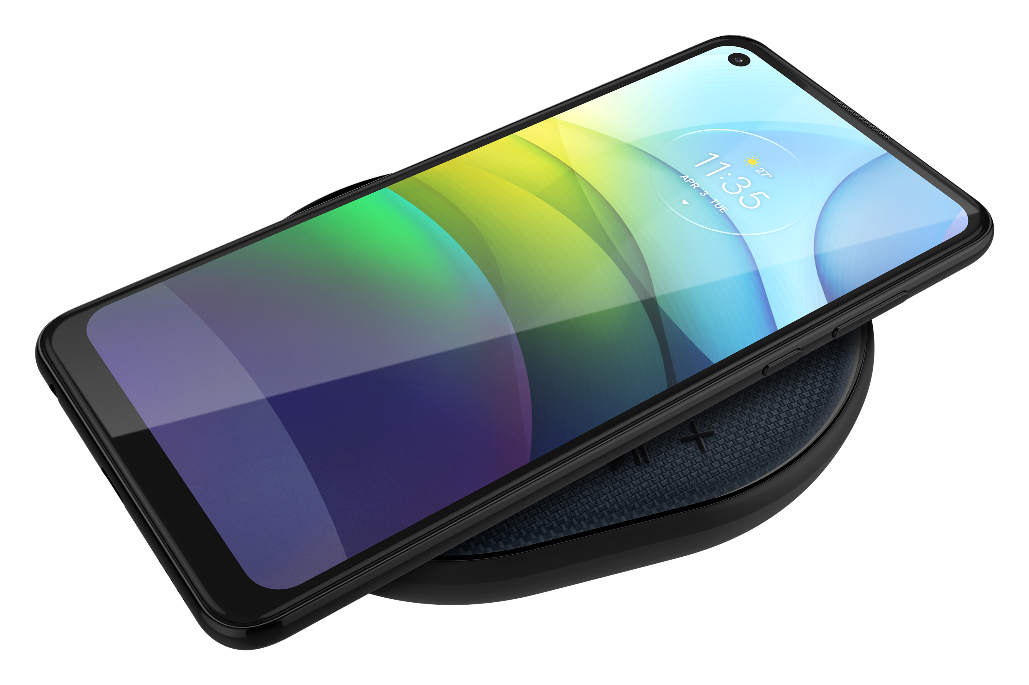 Czarny telefon na ładowarce bezprzewodowej. Ekran telefonu pokazuje godzinę i ikony.