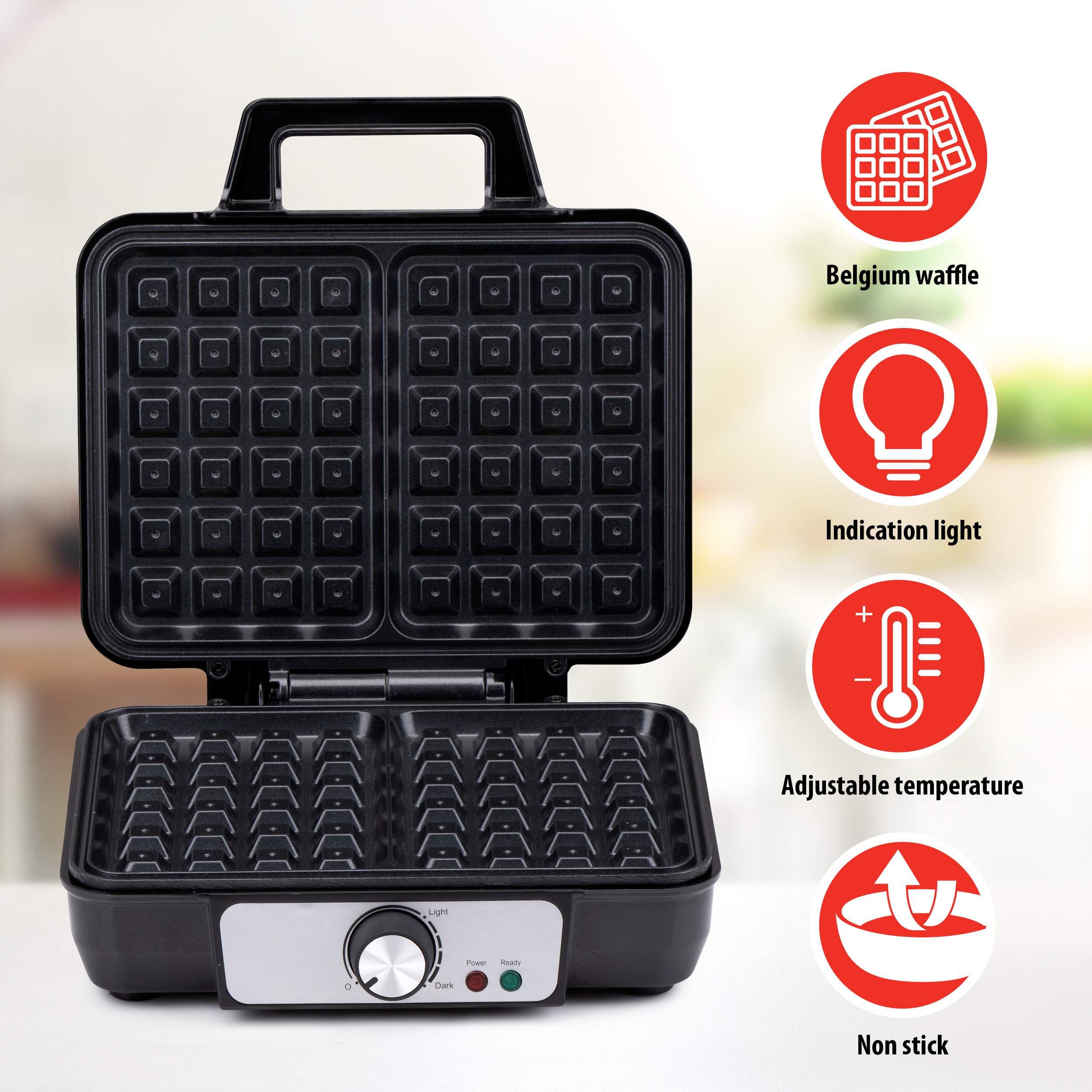 An open waffle maker with waffles inside. Icons of waffles, light, temp, and non-stick are shown.