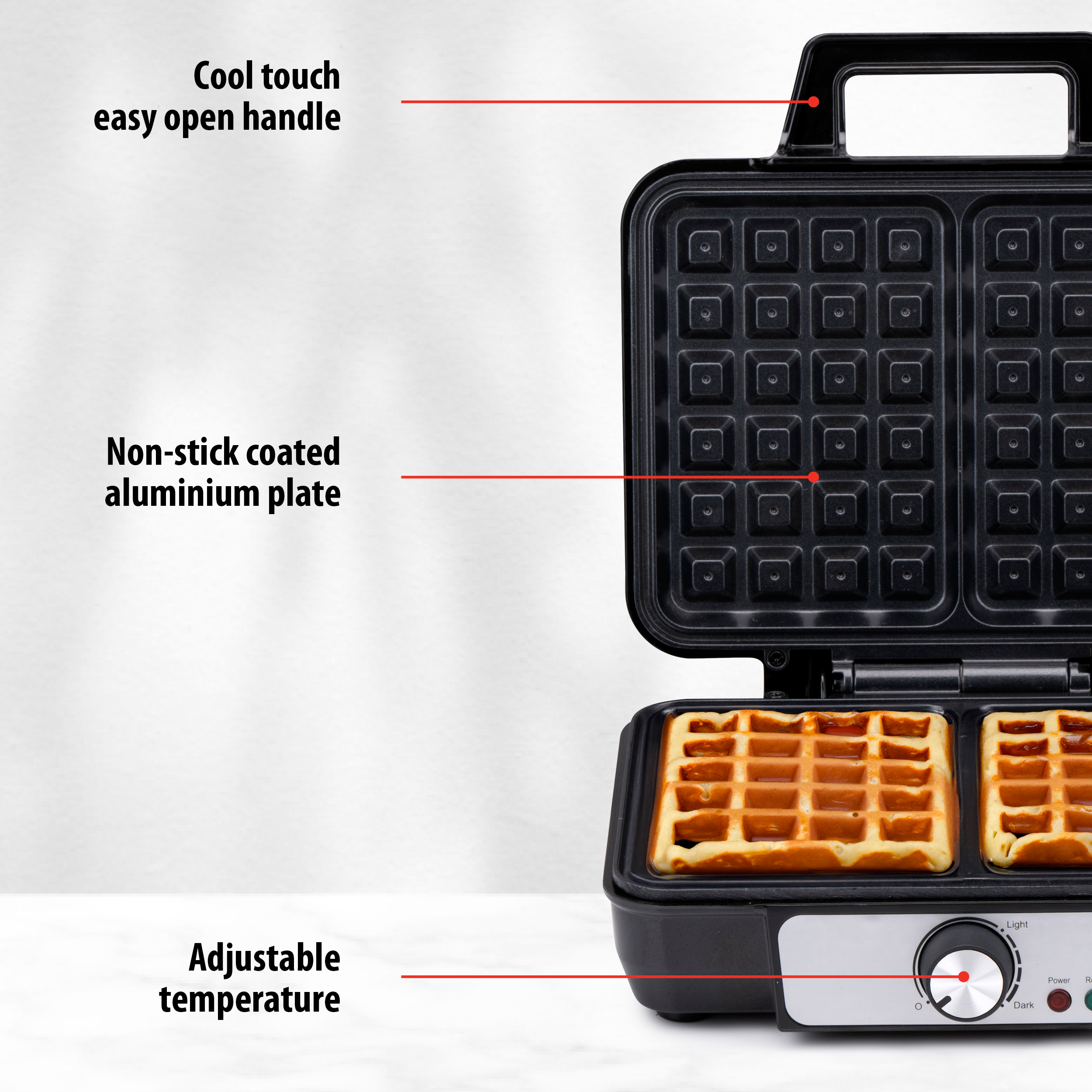 Black waffle maker, open, with waffles inside. Adjustable temperature.