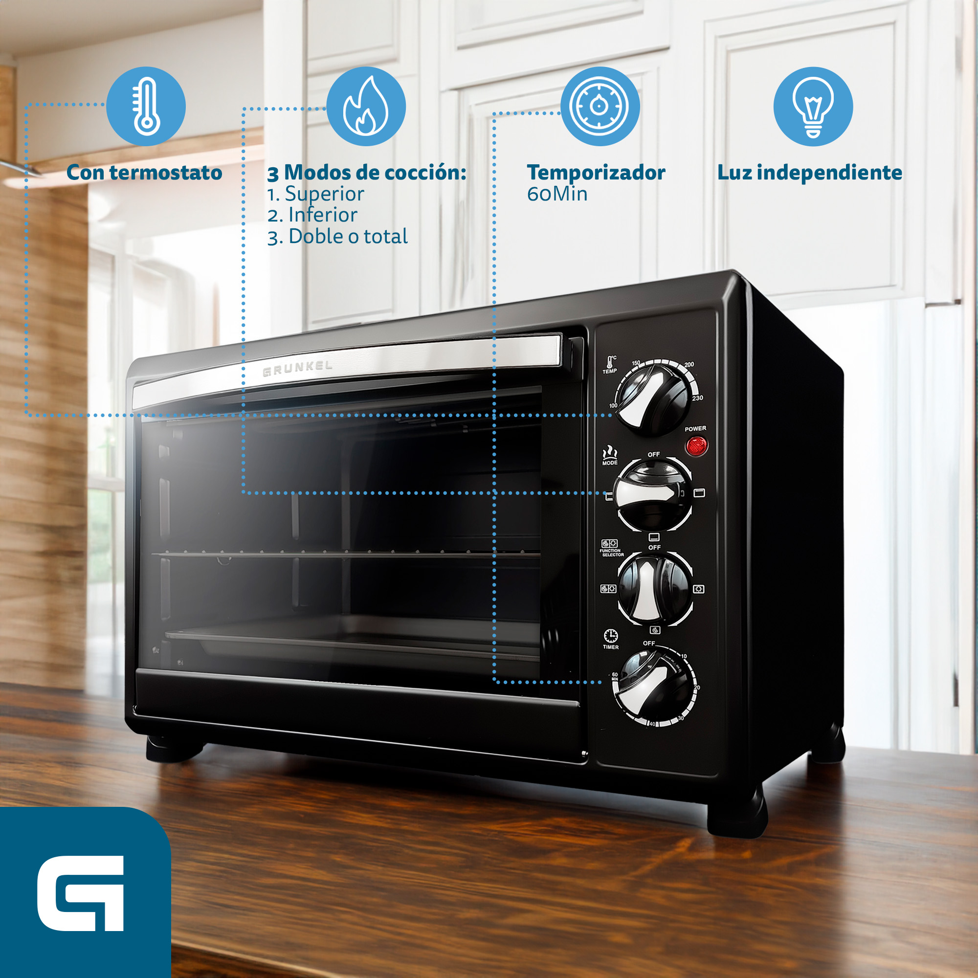 Horno negro de encimera con mandos y luz independiente.