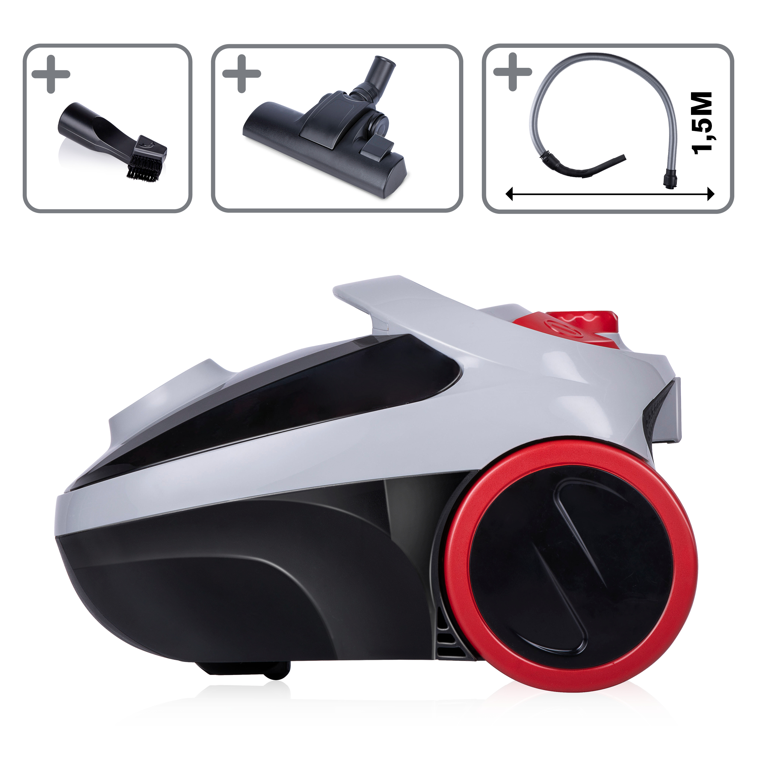 Aspirateur avec accessoires. Corps gris, accents rouges et fond blanc.