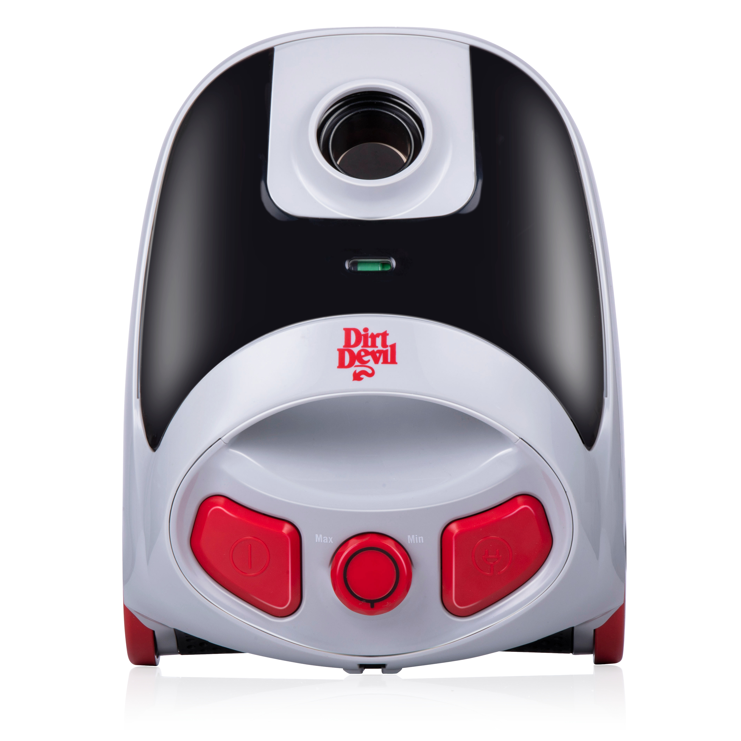 Un aspirateur Dirt Devil blanc et noir avec des boutons et des roulettes rouges, sur fond blanc.