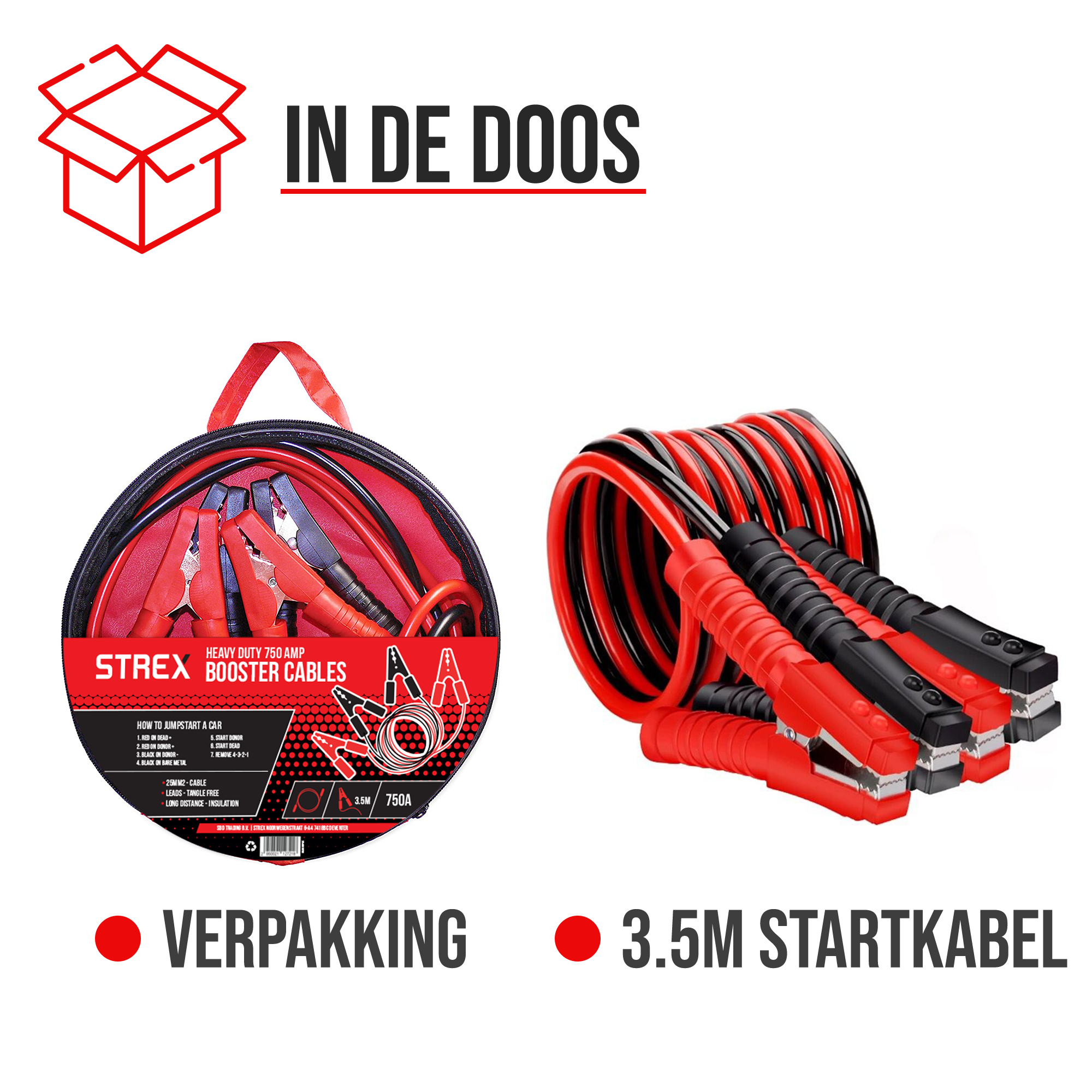 Car booster cables with red and black clamps in a round carrying case.