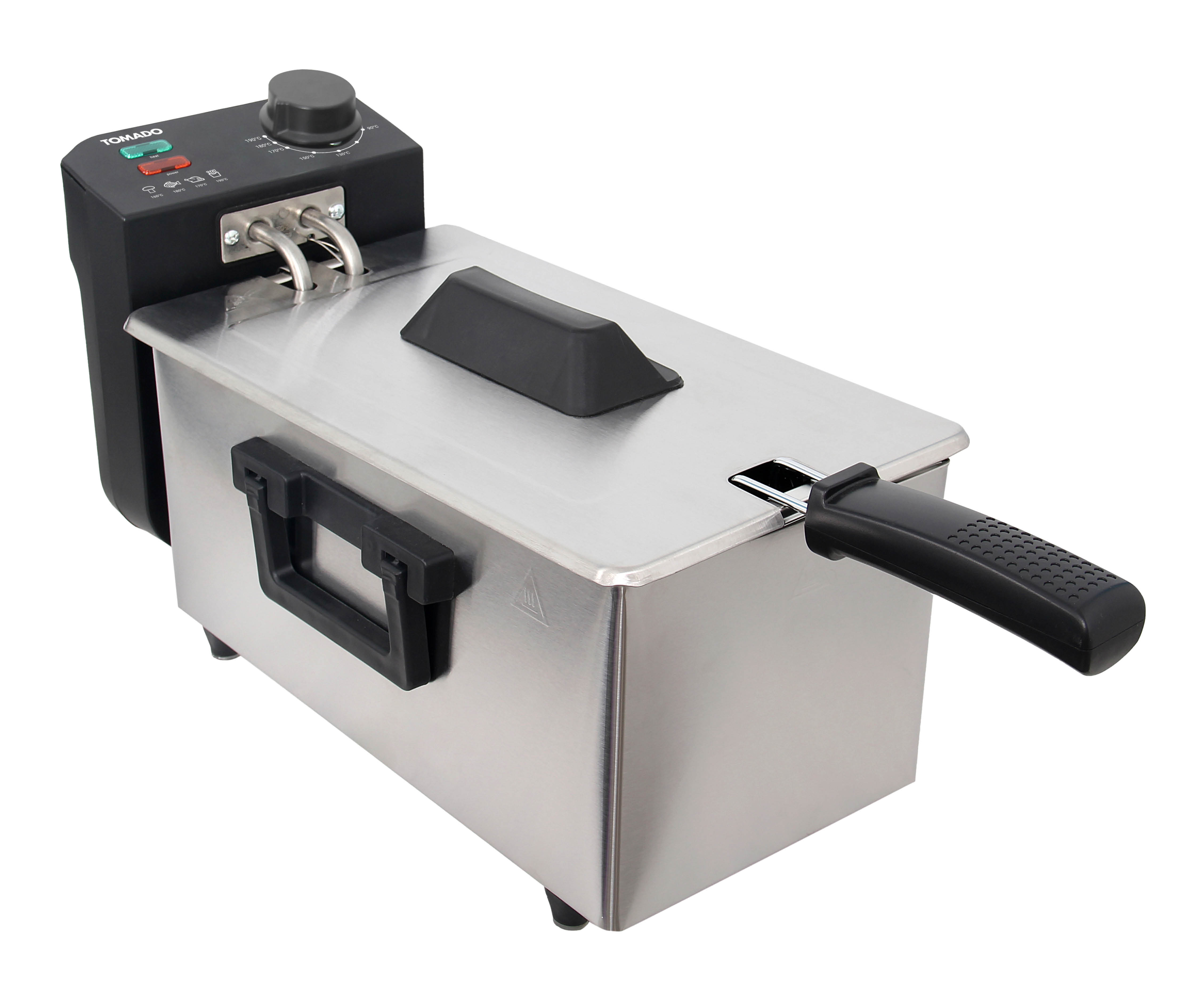 Top view of a stainless steel deep fryer with black handle.