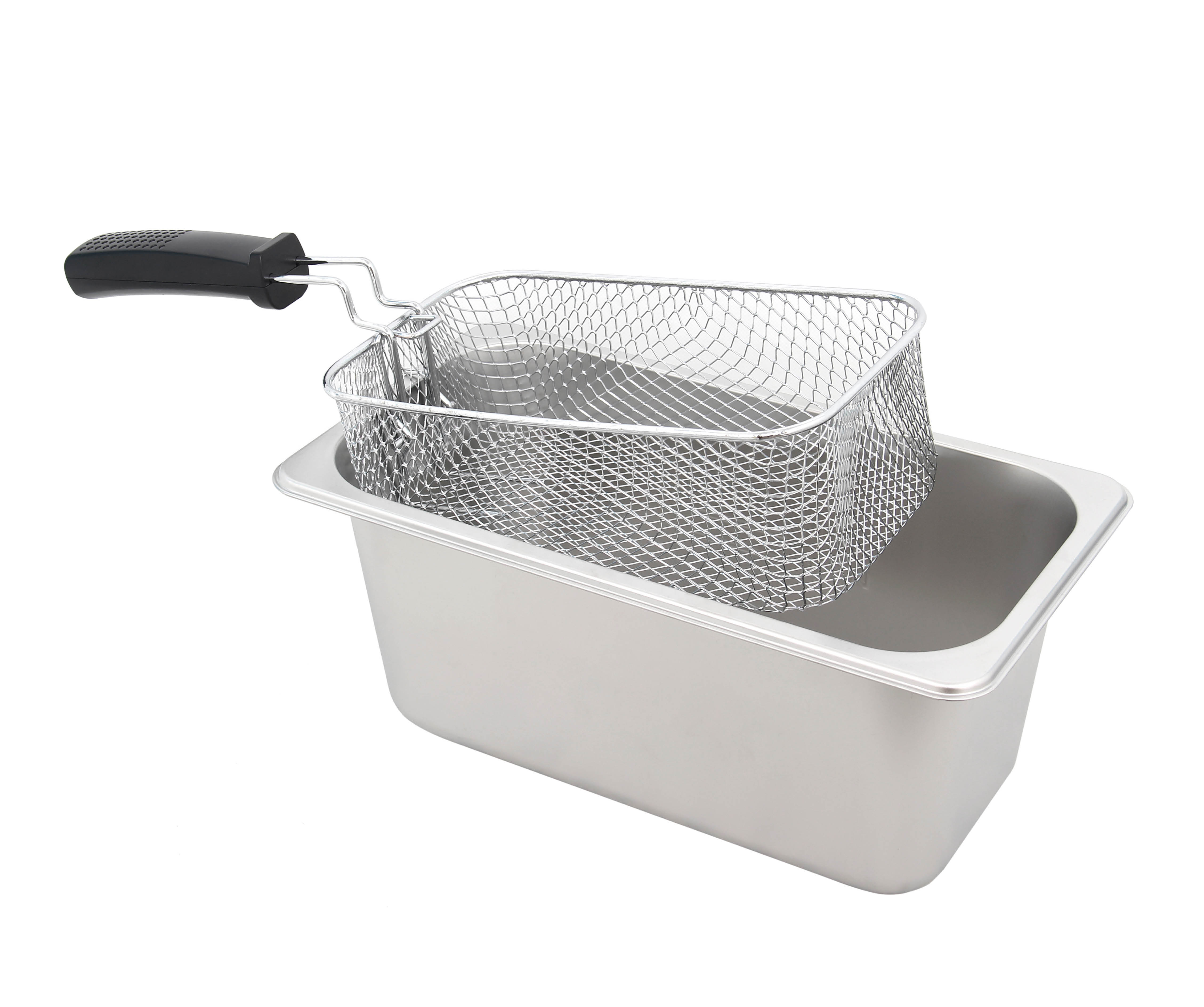 A deep fryer with a basket is in the fryer. Everything is in stainless steel.