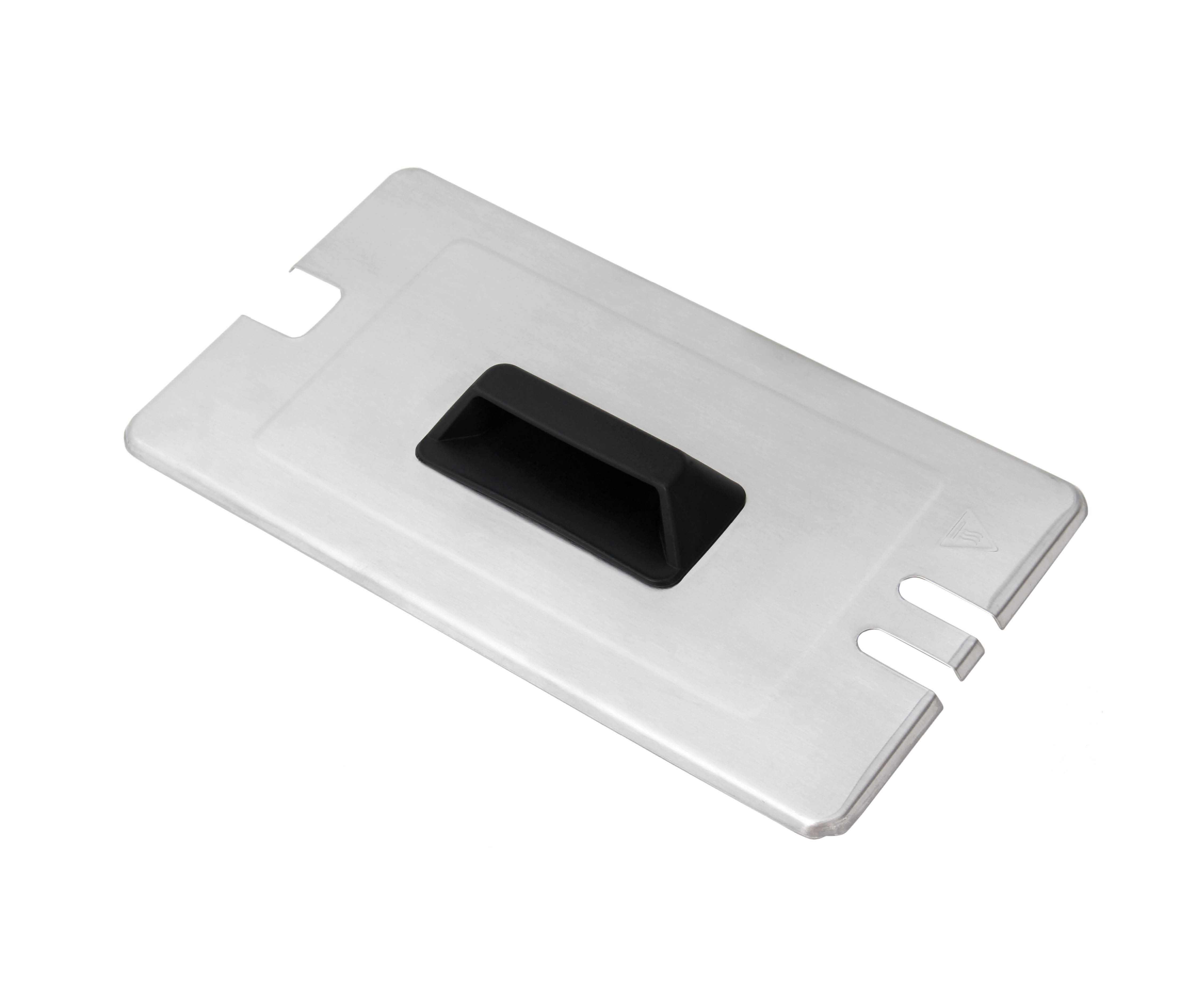 Silver metal lid with a black handle. The lid has two cutouts and is on a white background.