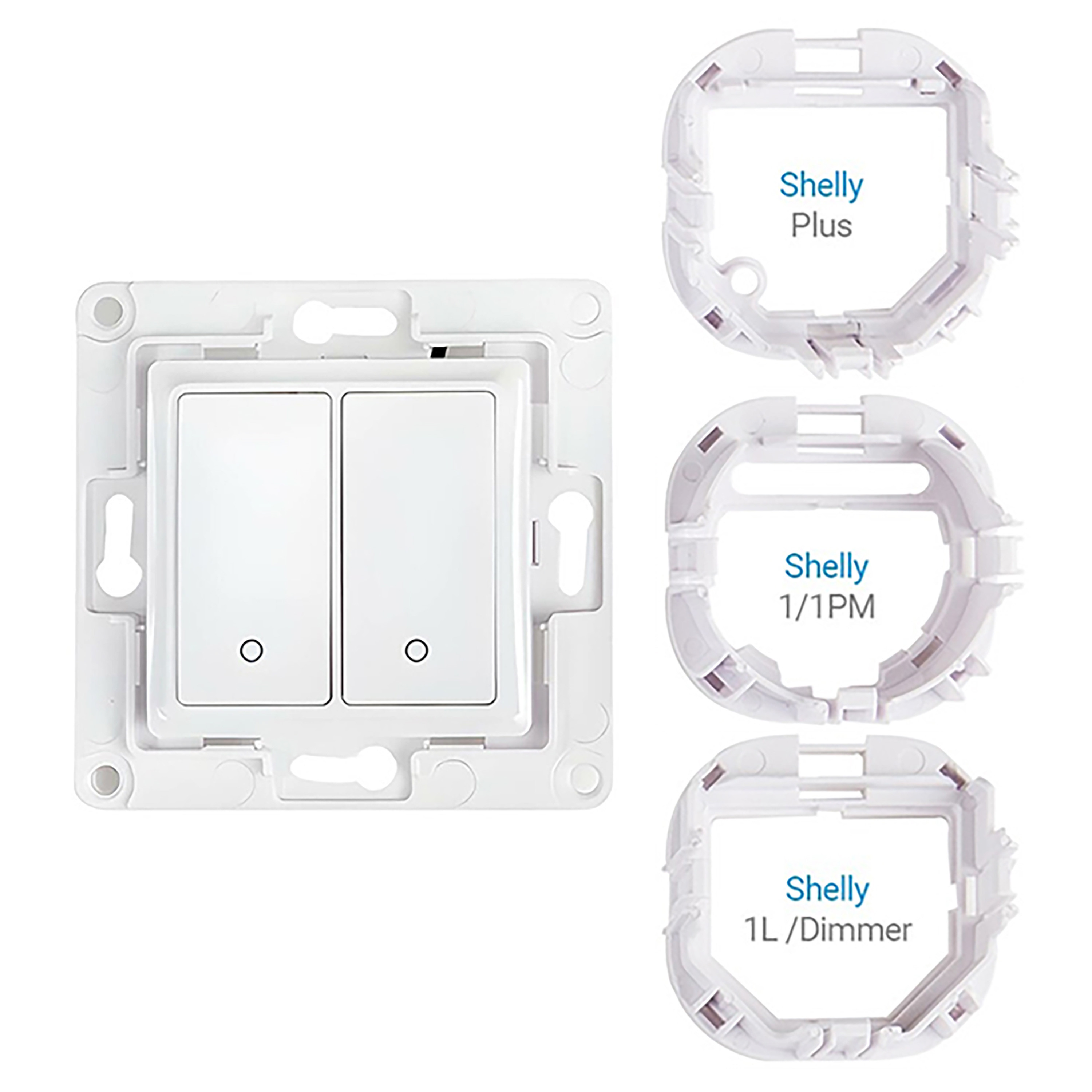 Interruttore luce bianco con due pulsanti e tre cornici diverse etichettate 'Shelly Plus', '1/1PM', '1L/Dimmer'.