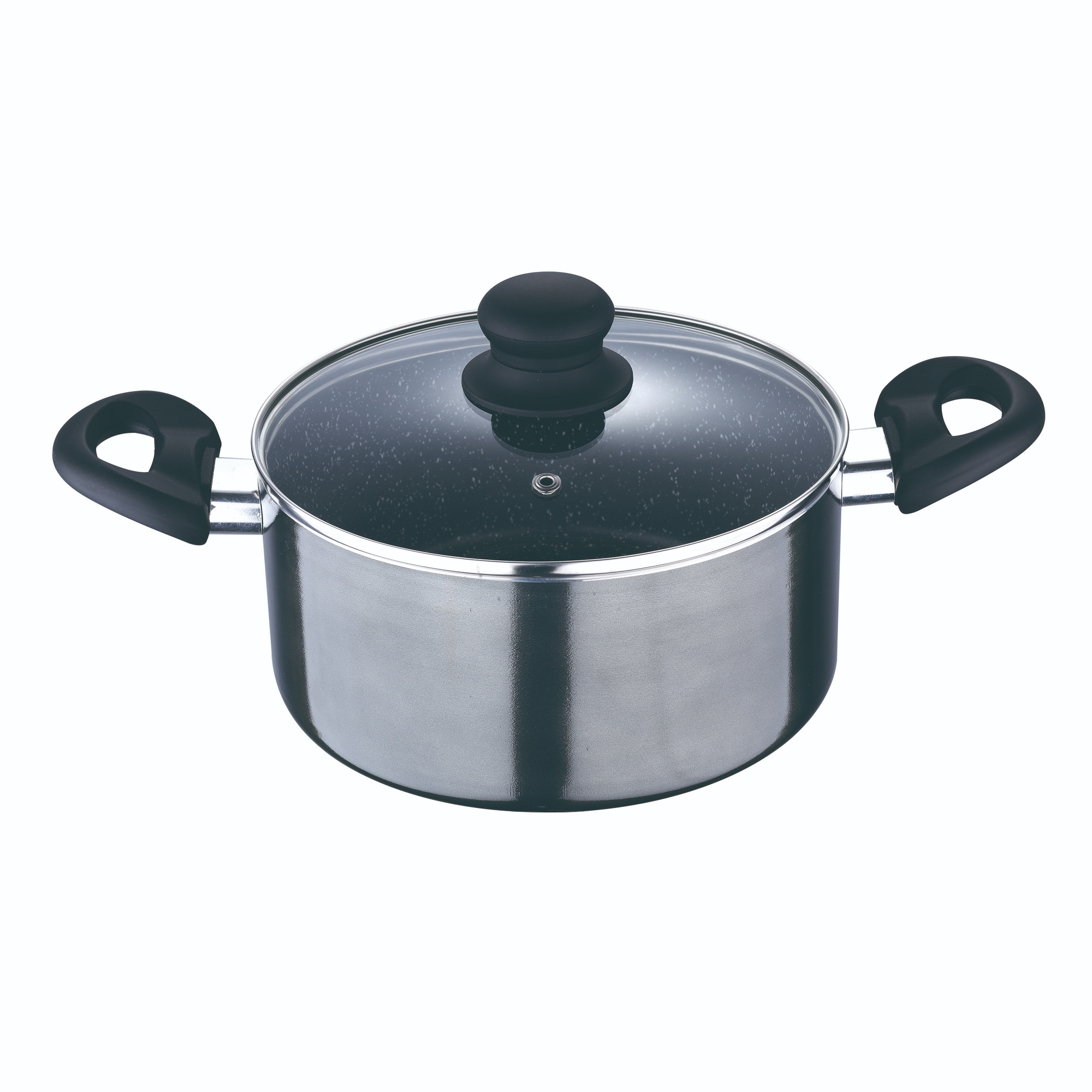 Olla de acero inoxidable con tapa de vidrio, asas negras y fondo blanco.