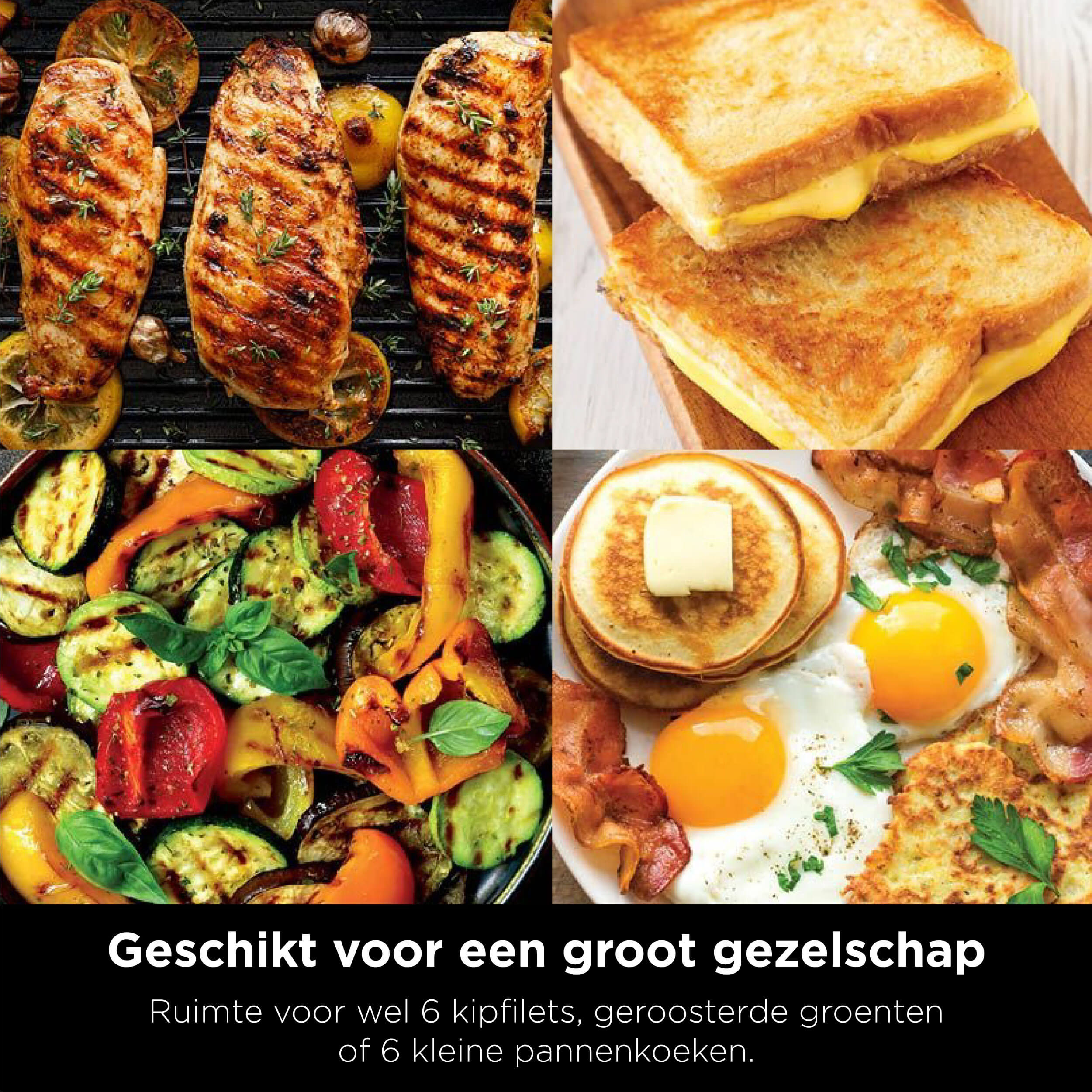 A collage of various cooked foods: grilled chicken, toast with cheese, pancakes with butter, and fried eggs with bacon.