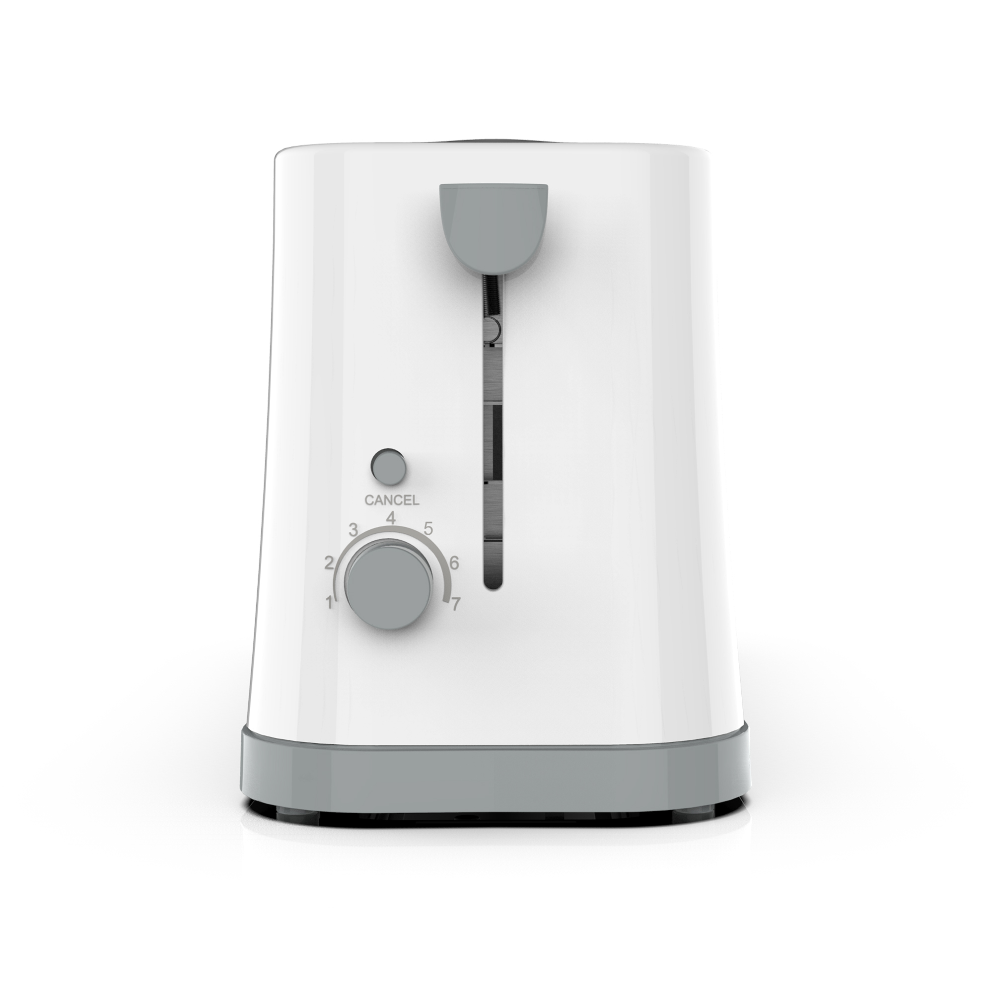 Biały toster z szarymi akcentami, przyciskami i dźwignią.