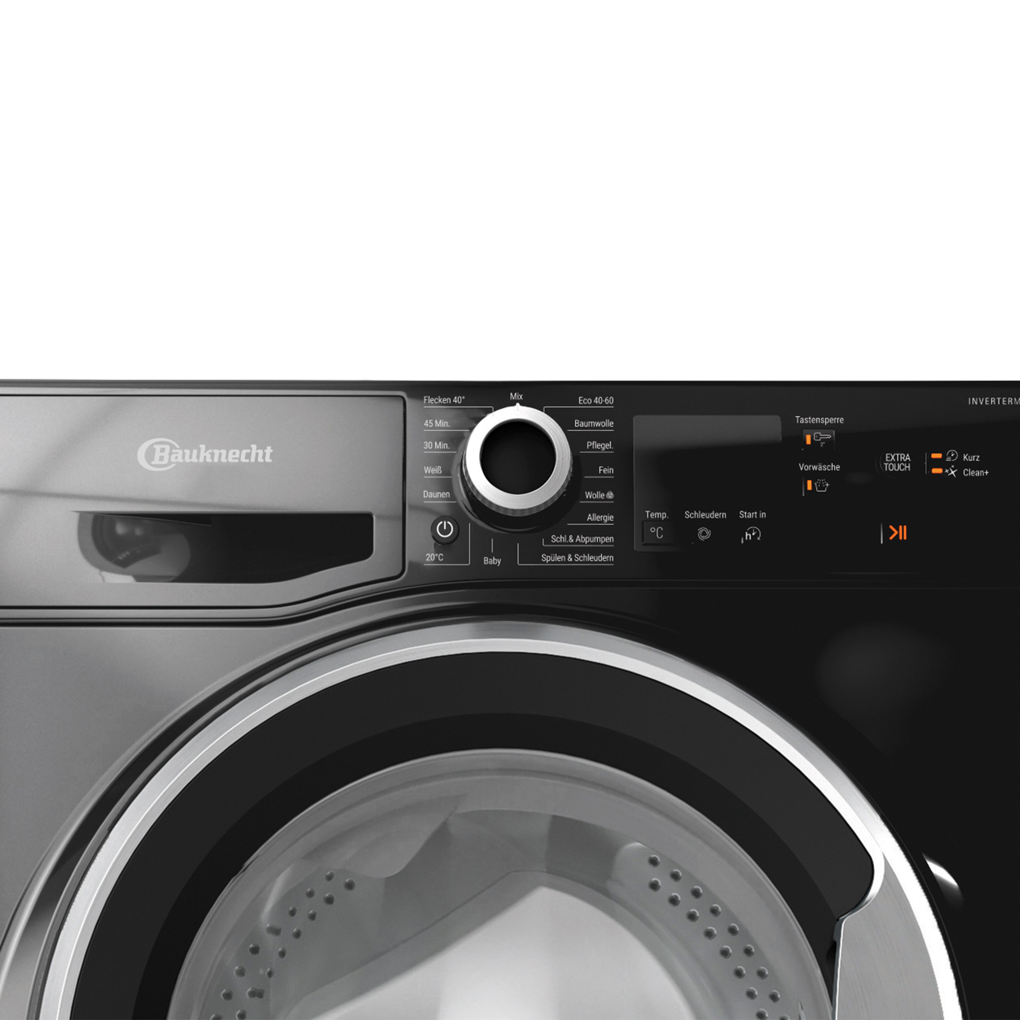 Nahaufnahme des Bedienfelds einer Waschmaschine mit verschiedenen Knöpfen und Display.