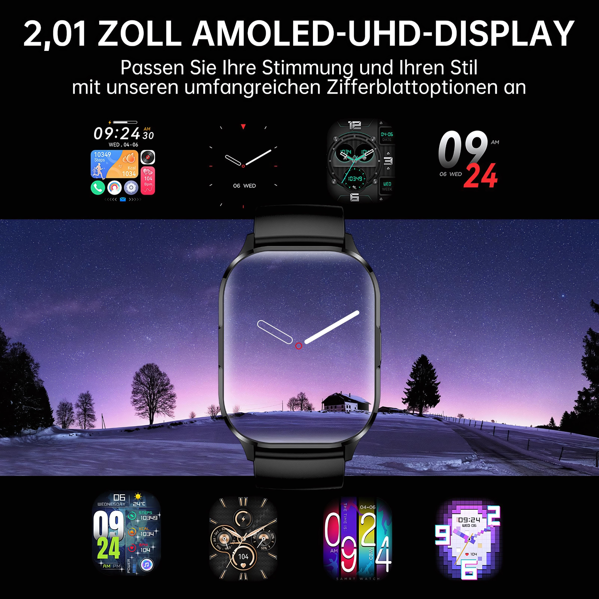 Czarny smartwatch z różnymi wzorami tarcz zegarka. Wyświetlacz jest duży i kwadratowy, pokazujący godzinę.