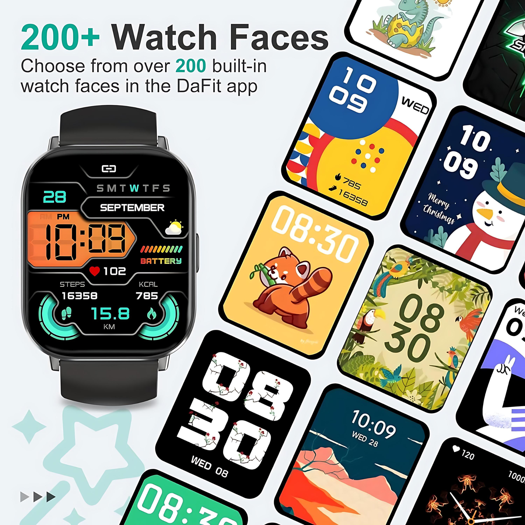 Smartwatch z różnymi tarczami, w tym czasem, statystykami i wzorami z kreskówek. Tekst: Ponad 200 tarcz.