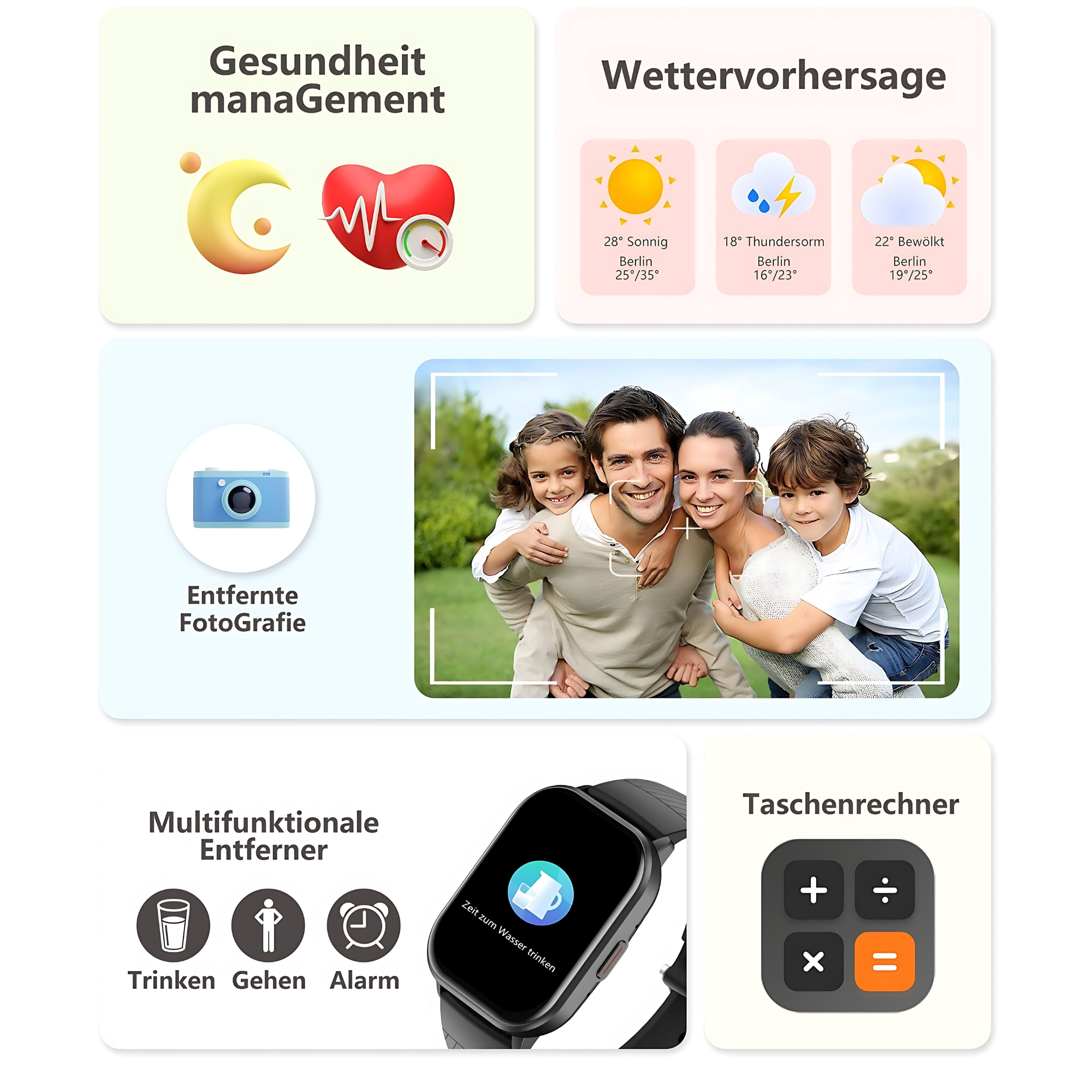 Smartwatch z funkcjami zdrowotnymi, pogodowymi i fotograficznymi, obok rodziny i ikon kalkulatora.