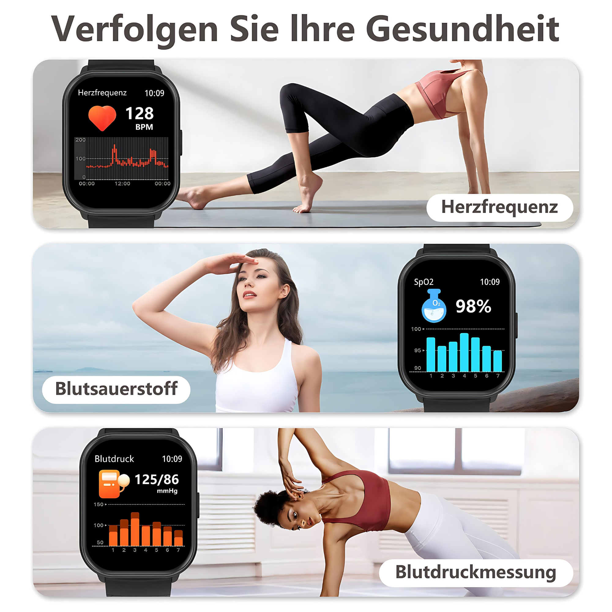 Smartwatch pokazujący wskaźniki zdrowia: tętno, SpO2, ciśnienie krwi. Osoby ćwiczące.