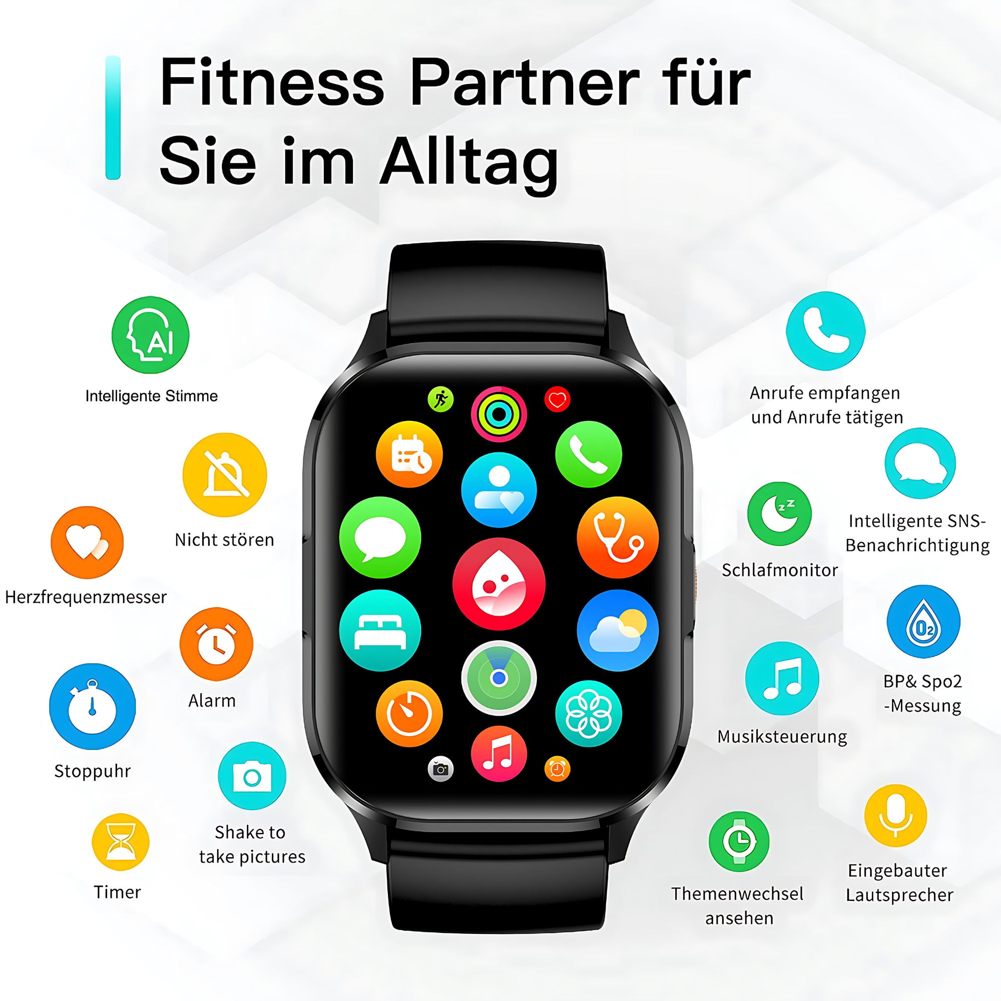 Smartwatch con correa negra e iconos para funciones de seguimiento de la salud, rodeado de otros iconos.