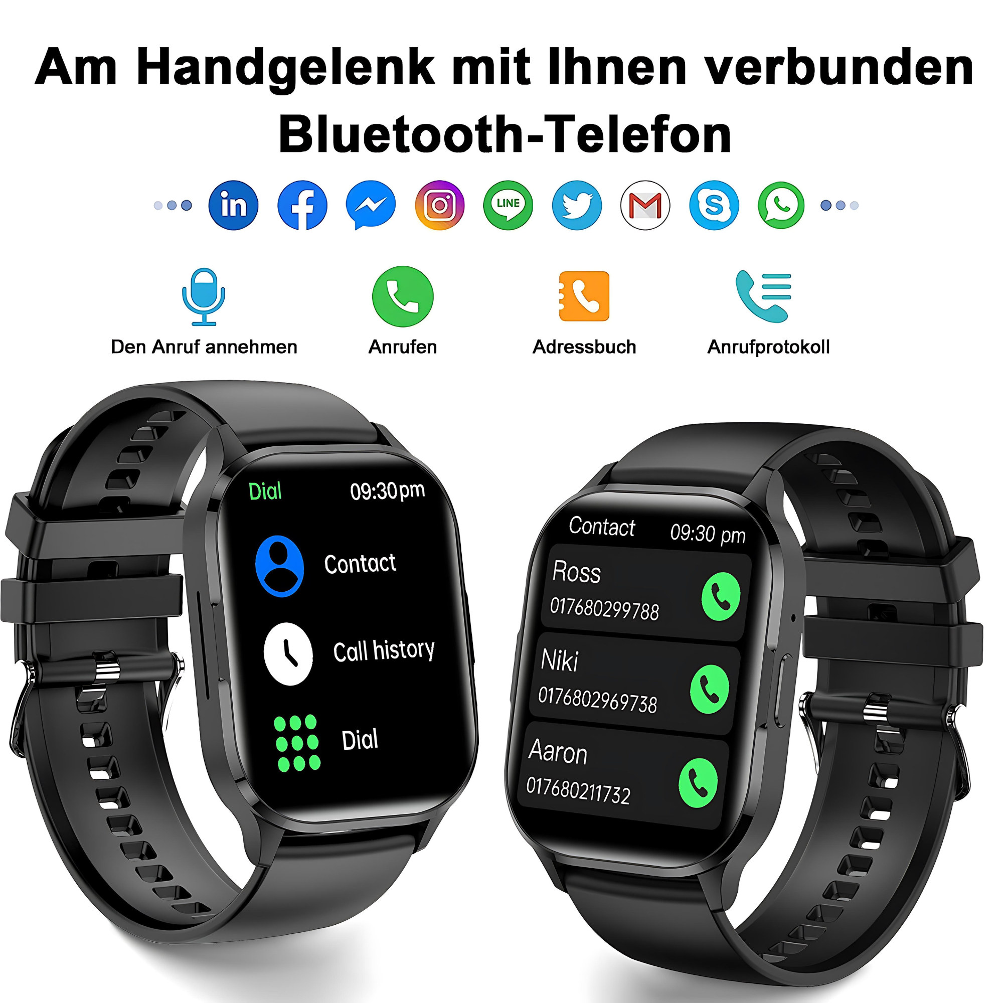 Dos smartwatches negros con pantallas mostrando contactos e historial de llamadas, correas negras.