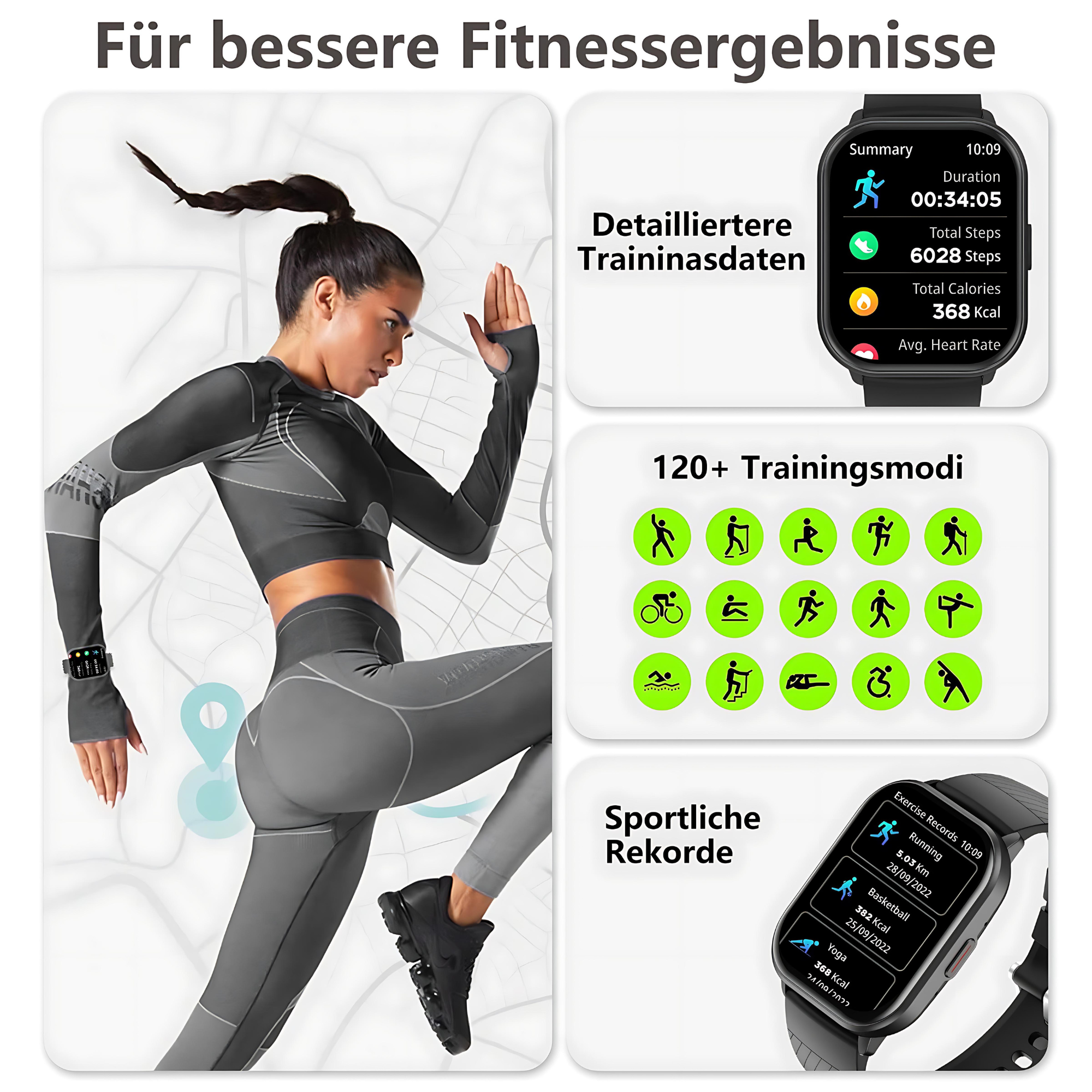 Kobieta w stroju sportowym biegnie, ze smartwatchem dostarczającym dane fitness. Wyświetlane są dodatkowe informacje.